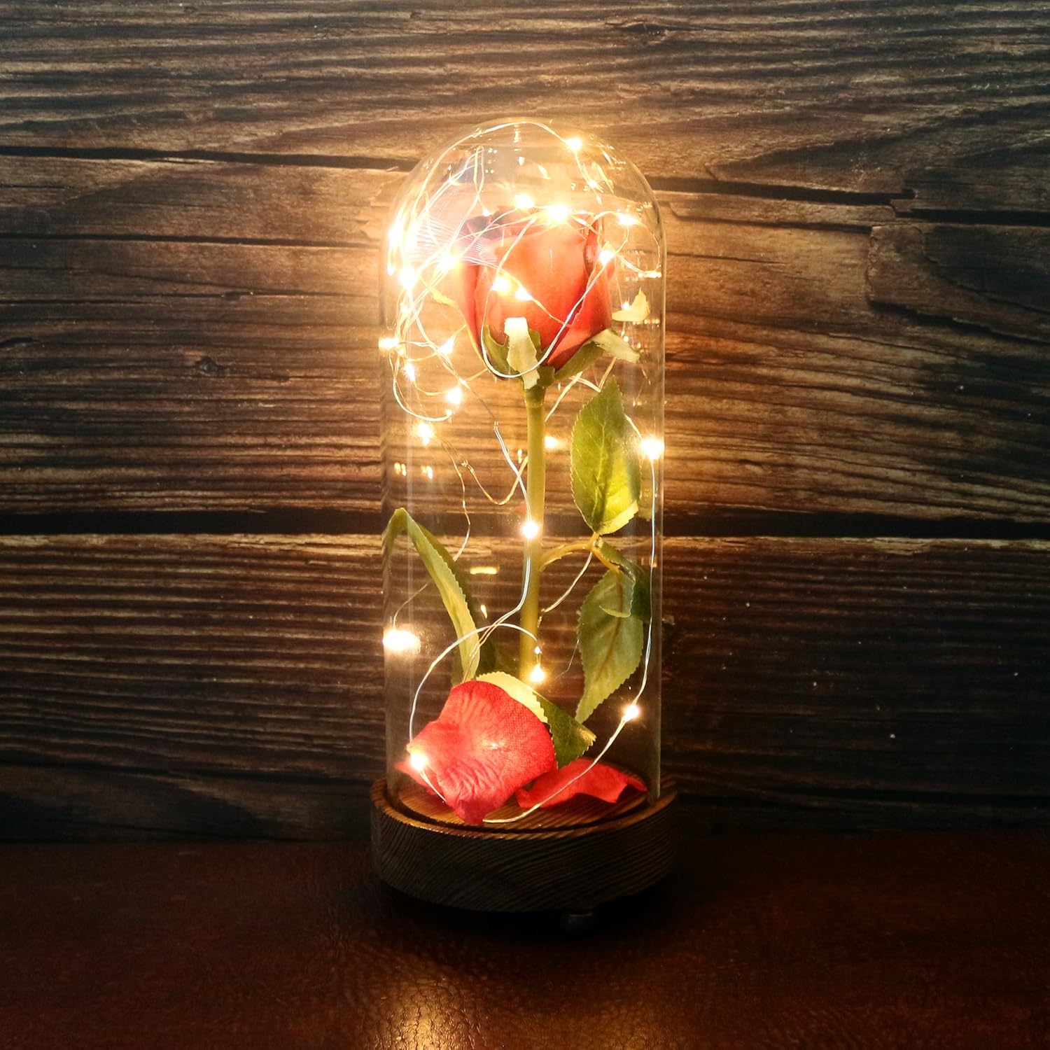 CVHOMEDECO. Battery Operated w/Timer LED Lighted and Red PU Rose with Fallen Petals in a Glass Dome, Great Gift for Valentine's Day Wedding Anniversary Birthday (Dia. 4-1/2 x H 11-1/4 Inch)