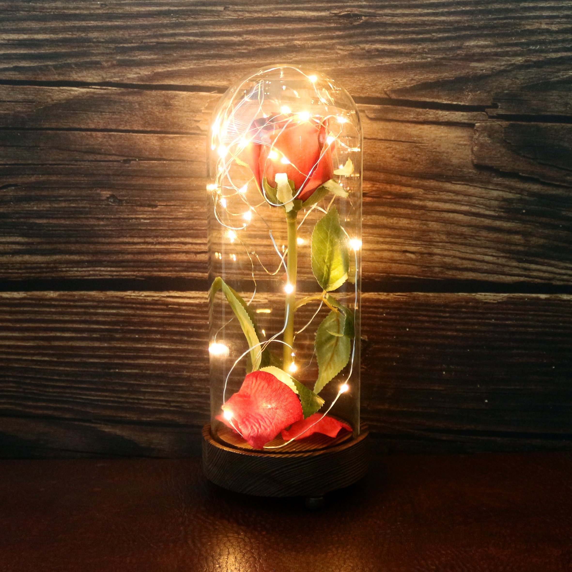 Cadeau Saint-Valentin romantique : rose rouge lumineuse LED sous dôme en verre avec minuterie