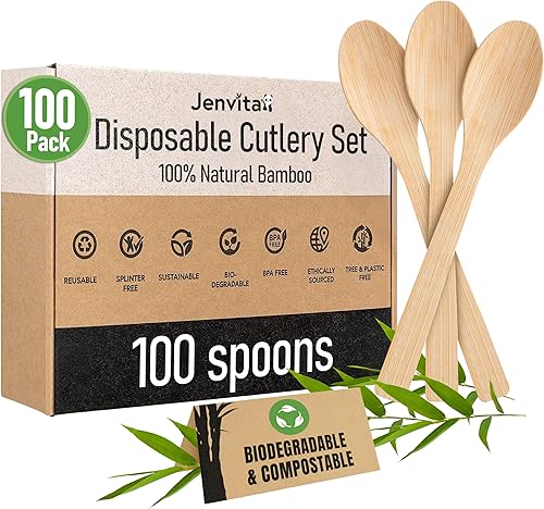 Ibambo Juego de cucharas 100% de bambú, cubiertos biodegradables (100 cucharas pequeñas de bambú), cubiertos reutilizables o desechables para Juego