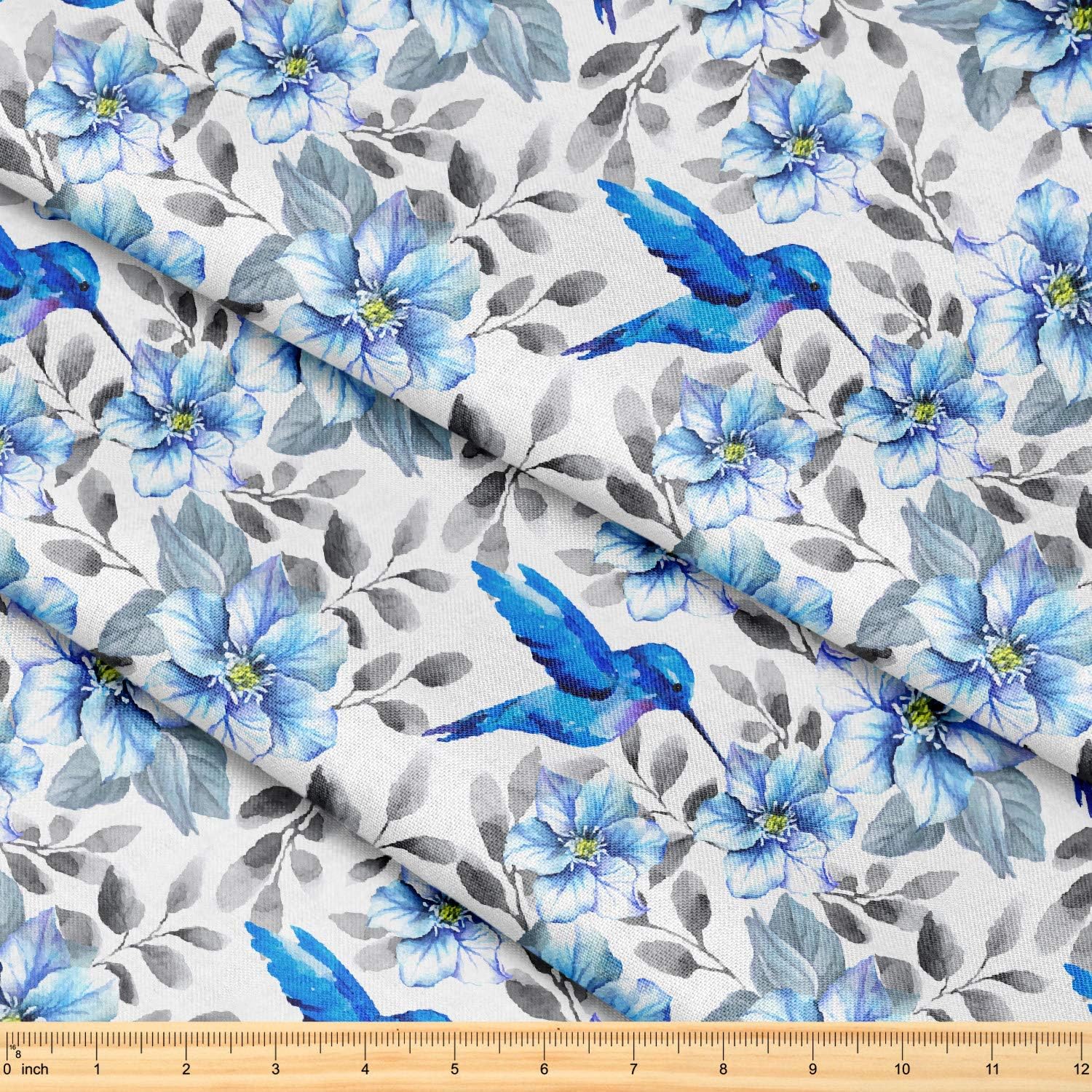 Fabric by The Yard [ 58" inches x 5 Yards ] Decorative Fabric for Sewing Quilting Apparel Crafts Home Decor Accents (Flower Blue Flowers Hummingbirds Pattern)
