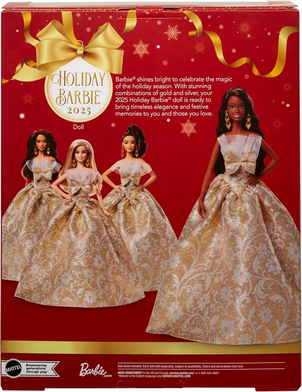 Barbie Signature Doll, 2025 Holiday Black Hair Fashion Doll Wearing Silver & Gold Gown, Seasonal Collector Doll in Displayable Packaging & Doll Stand