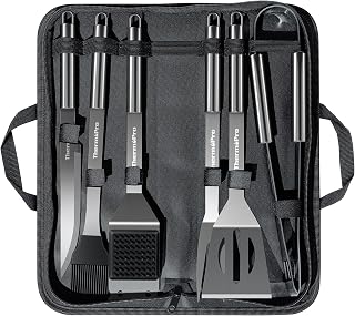 ThermoPro Heavy Duty Stainless Steel Grill Tool Set - 7pc Spatula Fork Tongs Knife Brush BBQ Kit for Camping Grilling Gifts Men Dad
