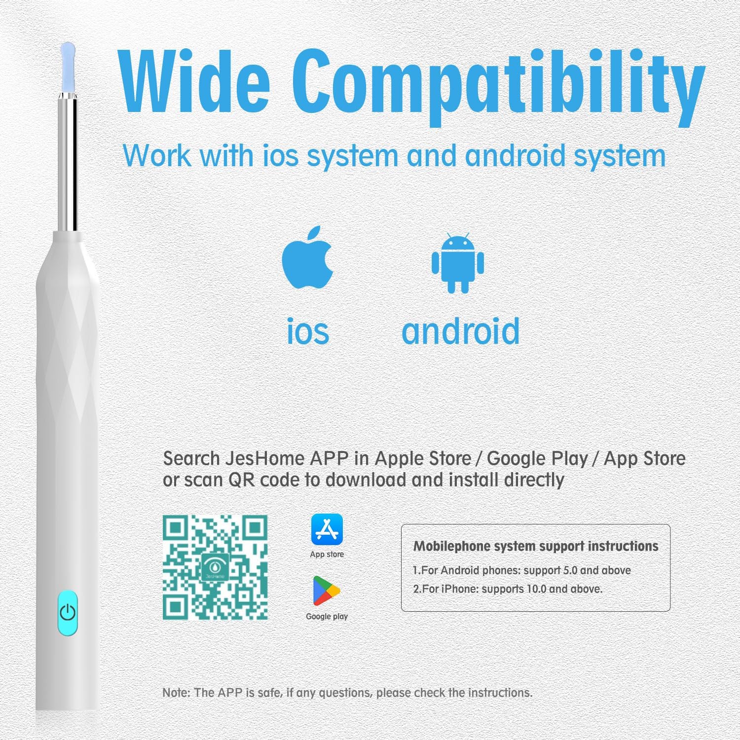 Diagram showing compatibility with iOS and Android devices, with QR code for app download