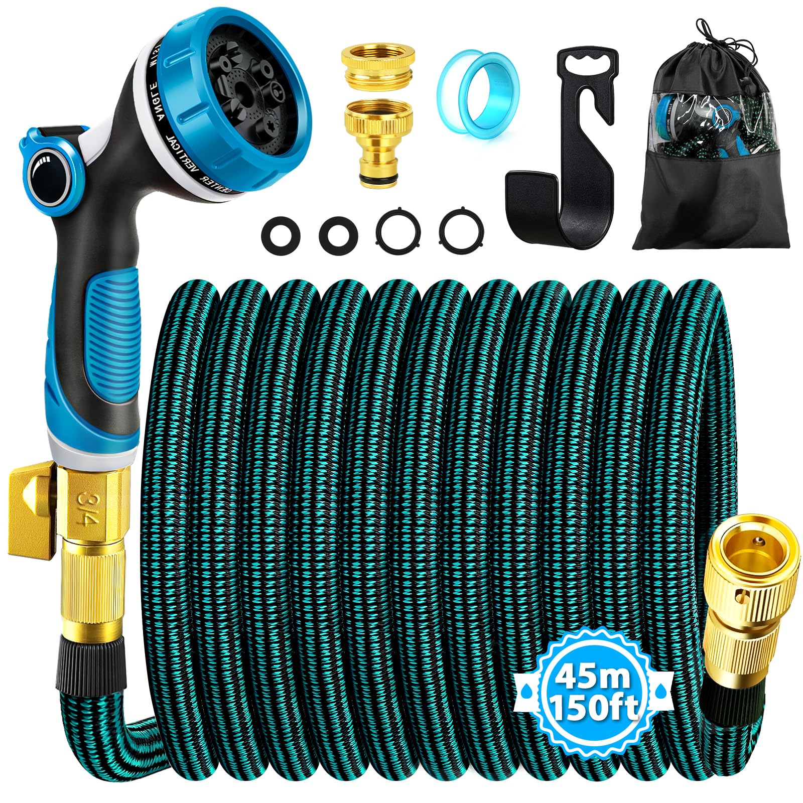 Viosmut Blue-Black Expandable Garden Hose Pipe 45M 150Ft, Retractable Hosepipes For Garden With 10 Functions Spray Gun, Expanding Magic Water Hose Attachments 3/4"&1/2" Brass Connectors, Flexible Hose Anti-Kink