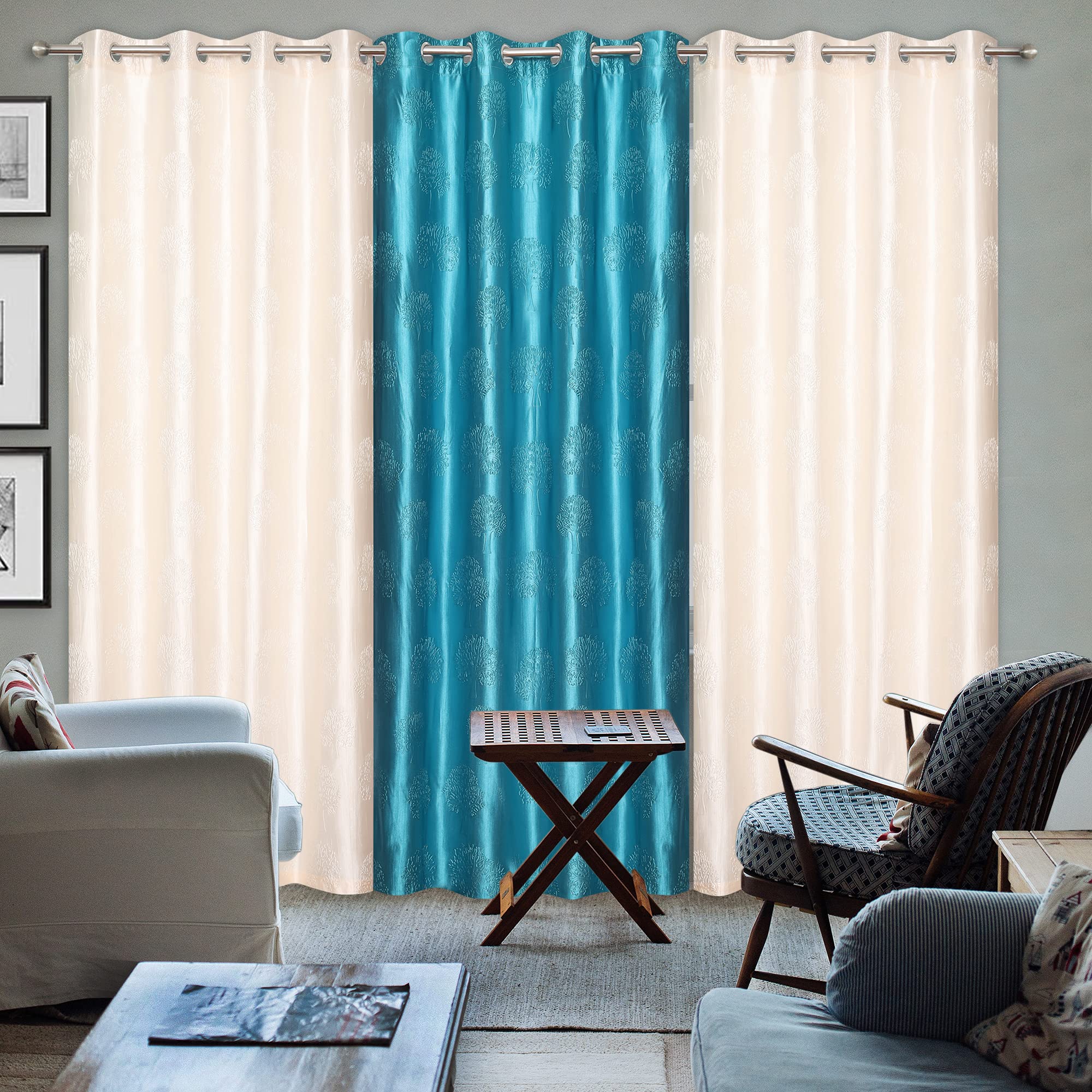 GRIHSHOBHA Heavy Polyester Tree Punch Grommet Top Room Darkening Combo Panel Drape Thermal Insulated Window Door Curtains Parde for Bedroom, Living Room Home (Door 7 Feet, Cream Aqua) - Set of 3