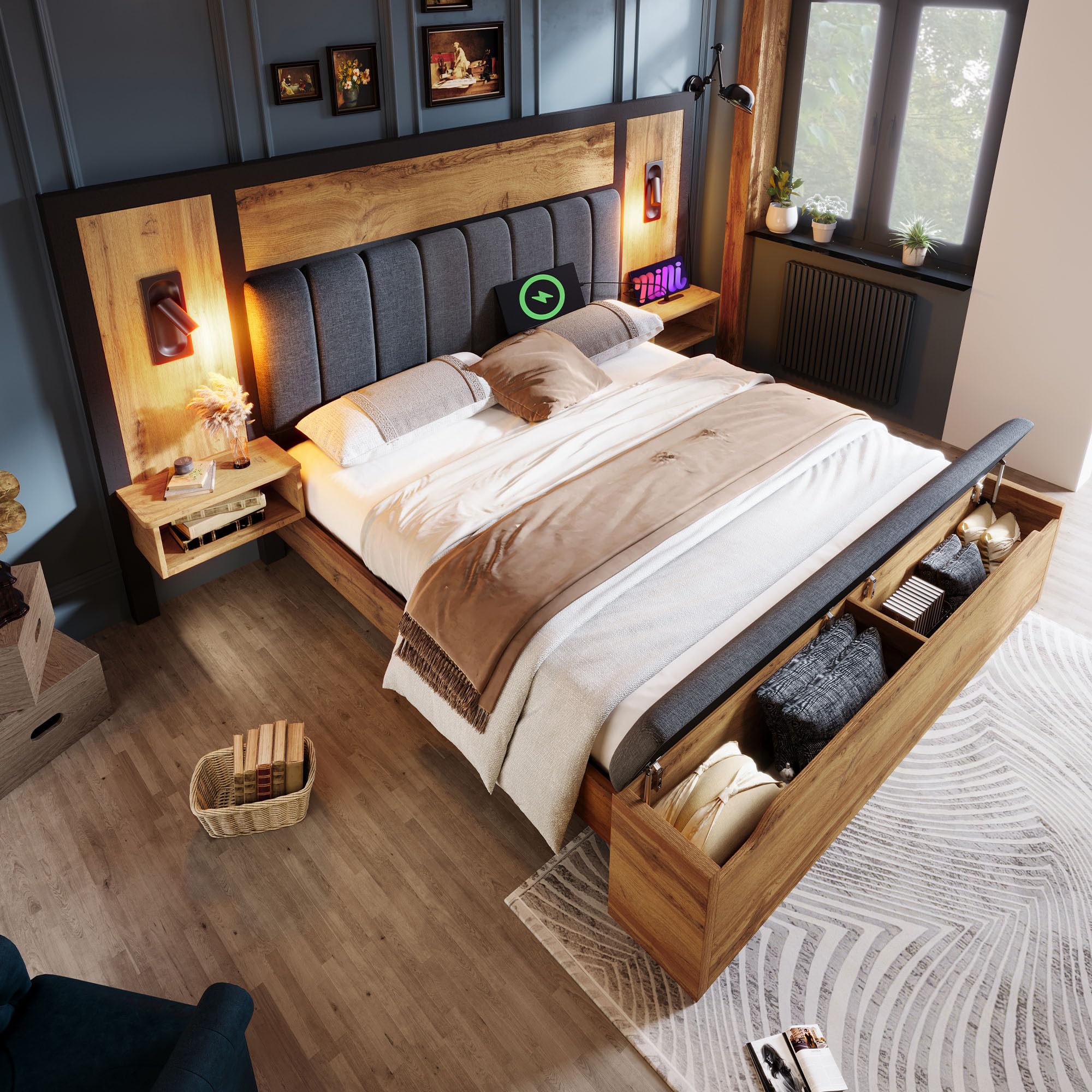 Kebnor Cama doble tapizada, cama con lámpara de lectura y mesita de noche USB C y banco con almacenamiento, estructura de cama con somier de metal, madera y lino, roble (sin colchón) (180 x 200 cm)