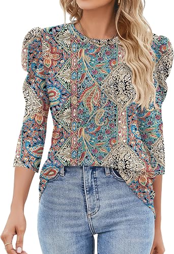 Ivicoer 3/4 Length Sleeve Womens Tops Summer Spring Tops for Women 2025 Puff Lace Sleeve Shirts Blouses