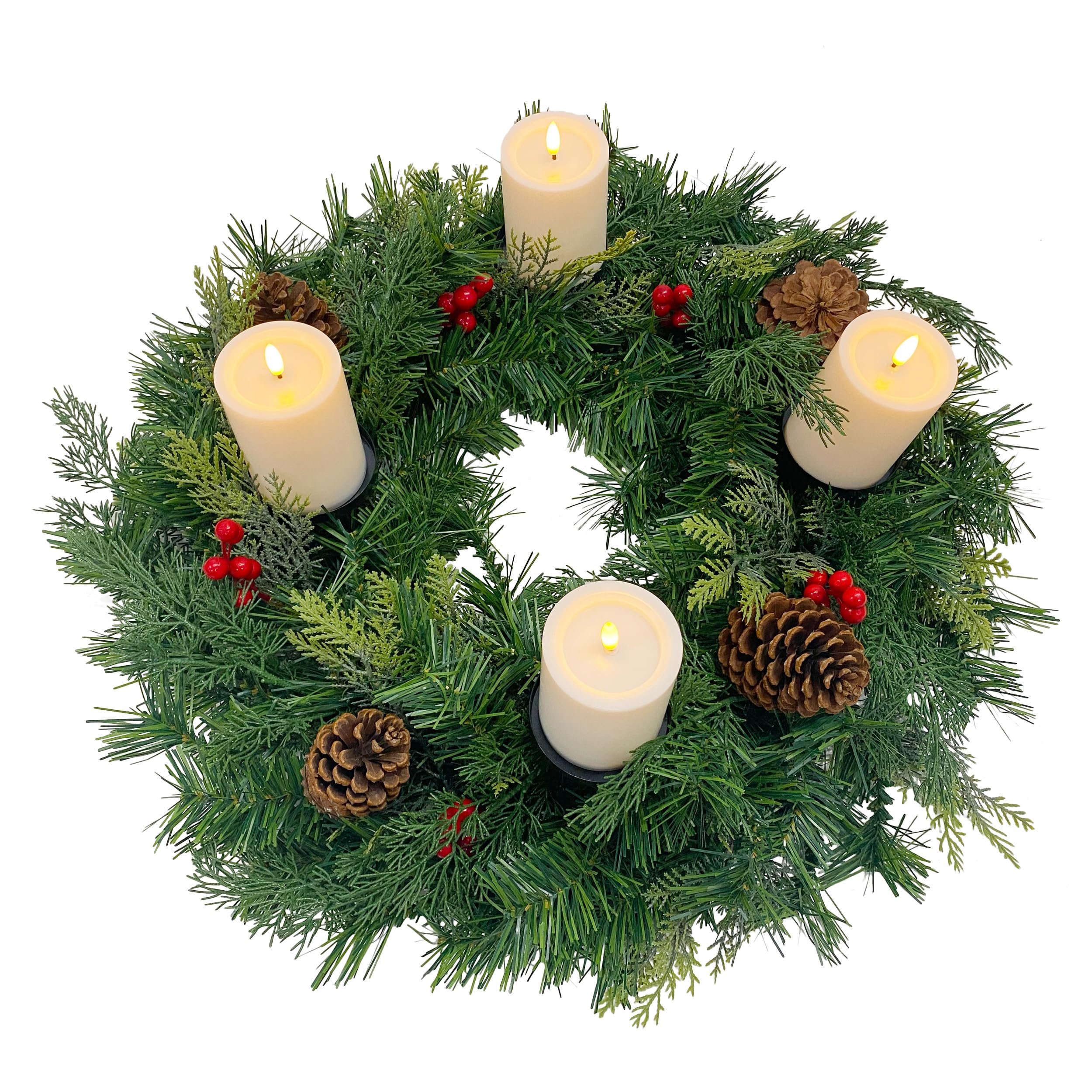 Gartenpirat Künstlicher Adventskranz Ø 60 cm mit 4 LED-Kerzen Flacker-Effekt Weihnachtskranz mit Tannenzapfen und roten Beeren geschmückt Adventsgesteck