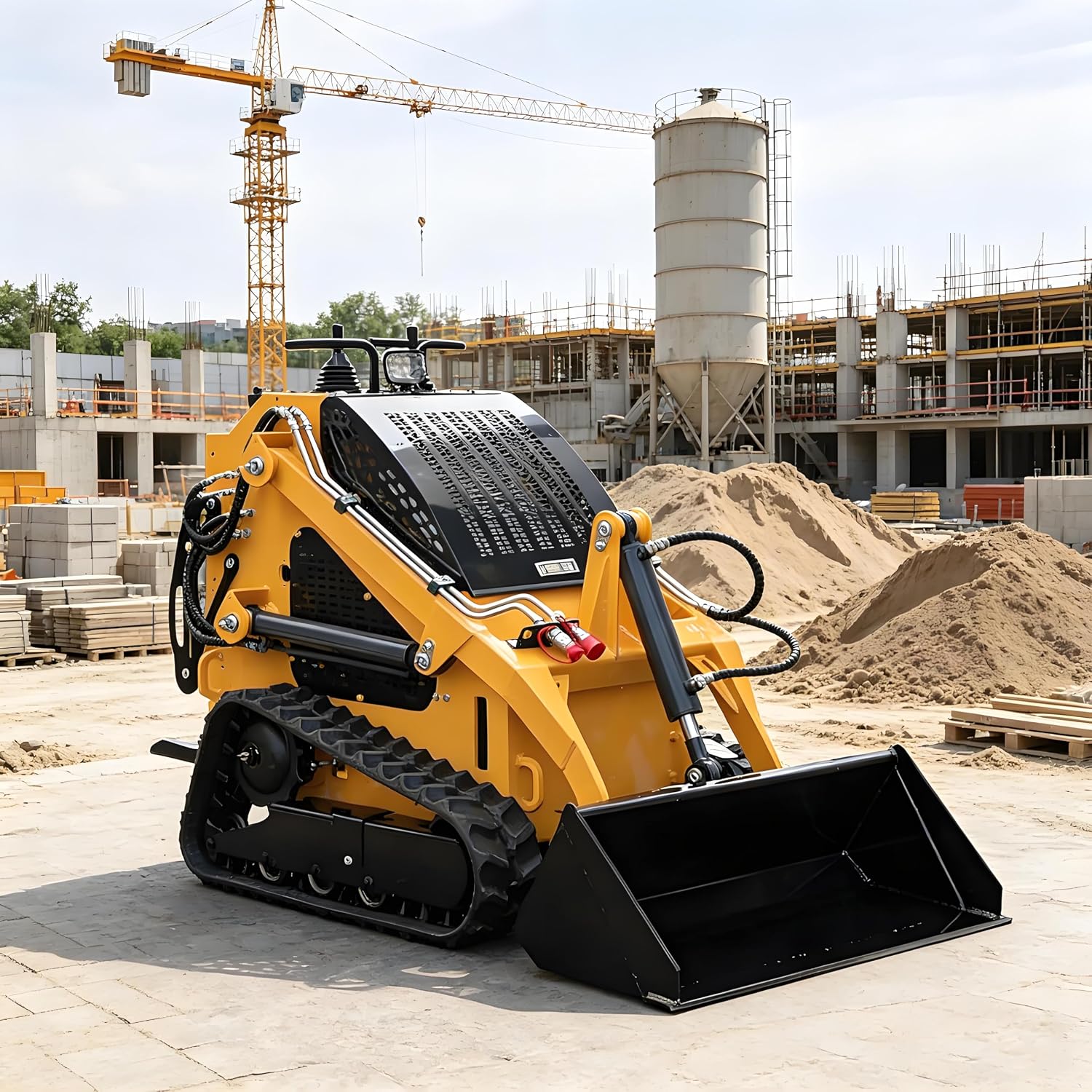 Compact Mini Skid Steer 23HP Hydraulic Crawler Loader, Stand-On Track Skid Loader with Quick Attach Bucket, Heavy Duty Design for Yard Work, Landscaping, Construction and Farm Maintenance