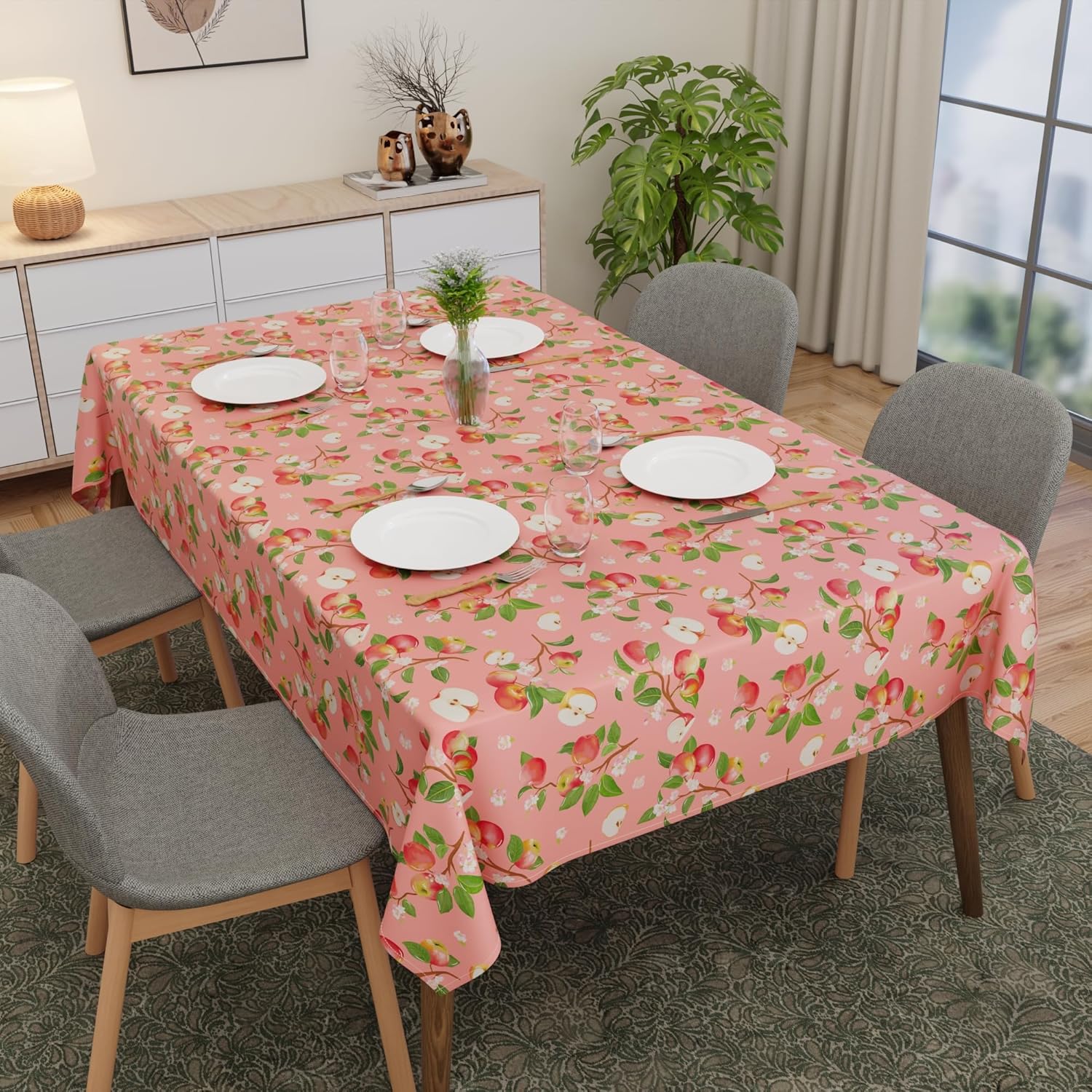 Encasa XO Polyester Printed Tablecloth, Twill Fabric Table Cover, Water Repllelant, Length 56"x94" for 6 to 8 Seater Rectangular Dining Table. Machine Washable, Durable - Apple