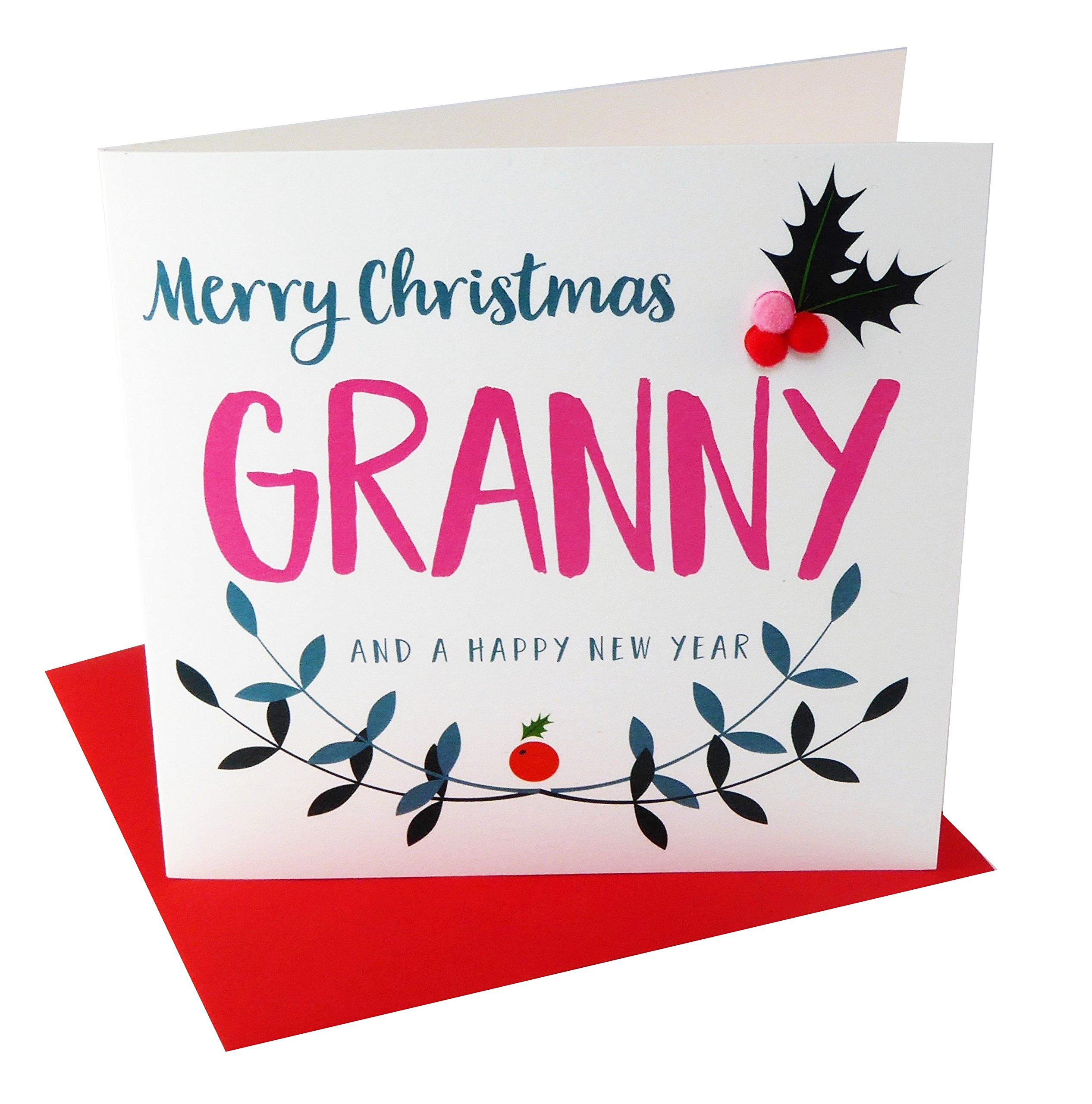 Claire Giles Greeting Cards, Happy Christmas Granny Card, Laurel & Holly design xmas Greeting Card, Embellished with colourful Pompoms