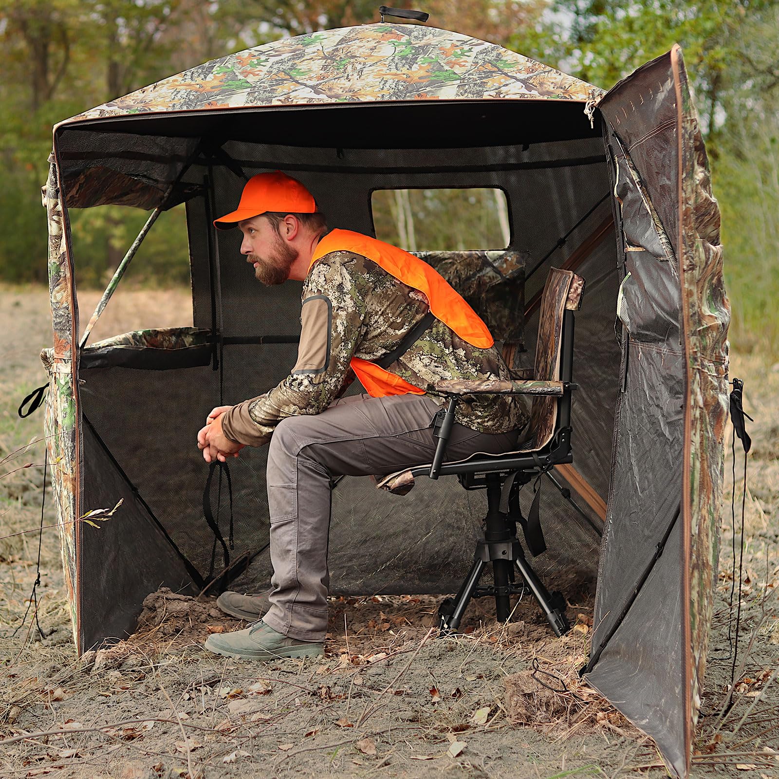 FUNHORUN Persiana de caza de 360 grados, transparente, doble puerta, para caza, 2/3 personas, portátil, camuflaje, ciervos/pavos, con paneles de seguridad naranja