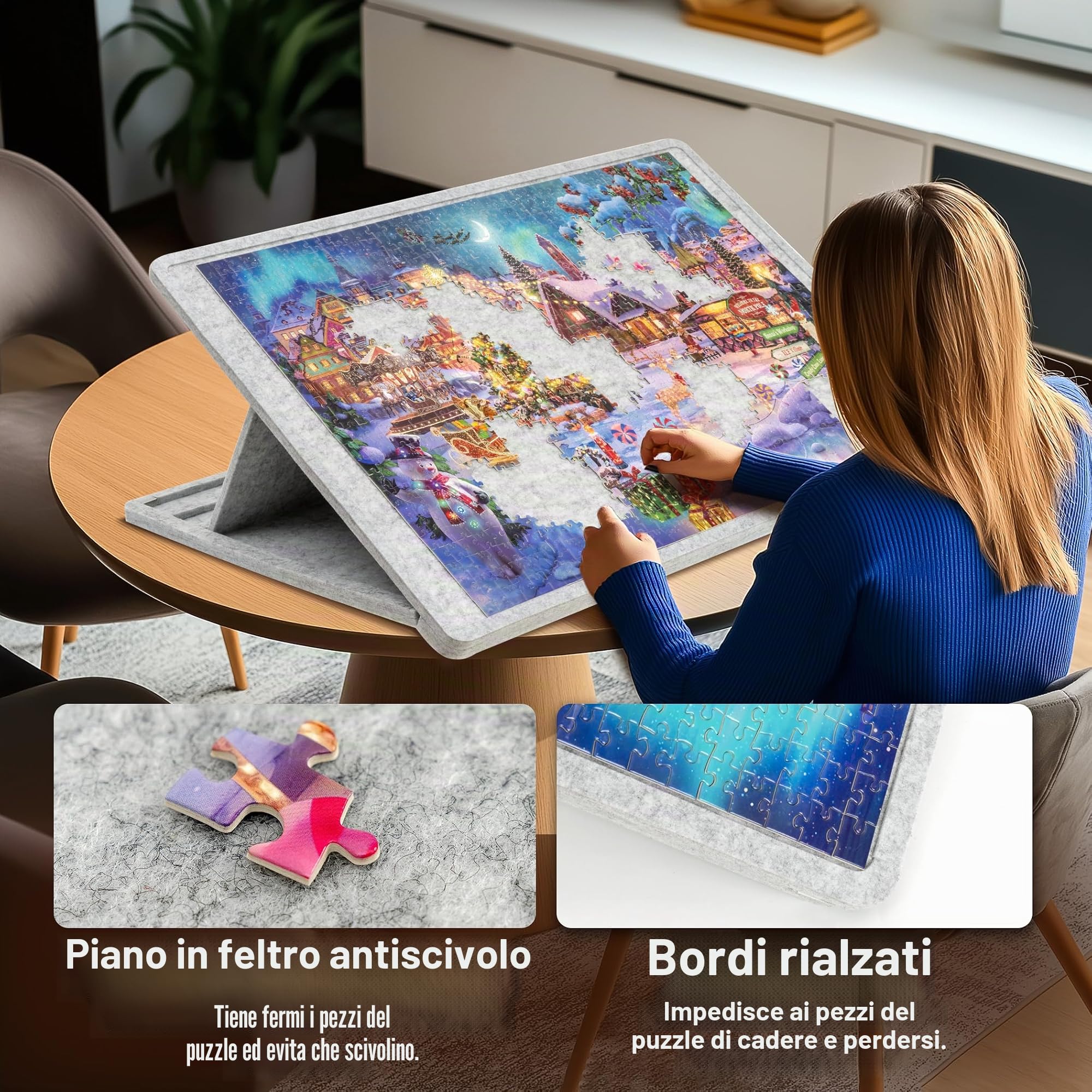 Lavievert Tavola per puzzle inclinabile con coperchio, tavolo puzzle regolabile a 3 angoli, supporto leggero in feltro, per giochi fino a 1000 pezzi, grigio chiaro