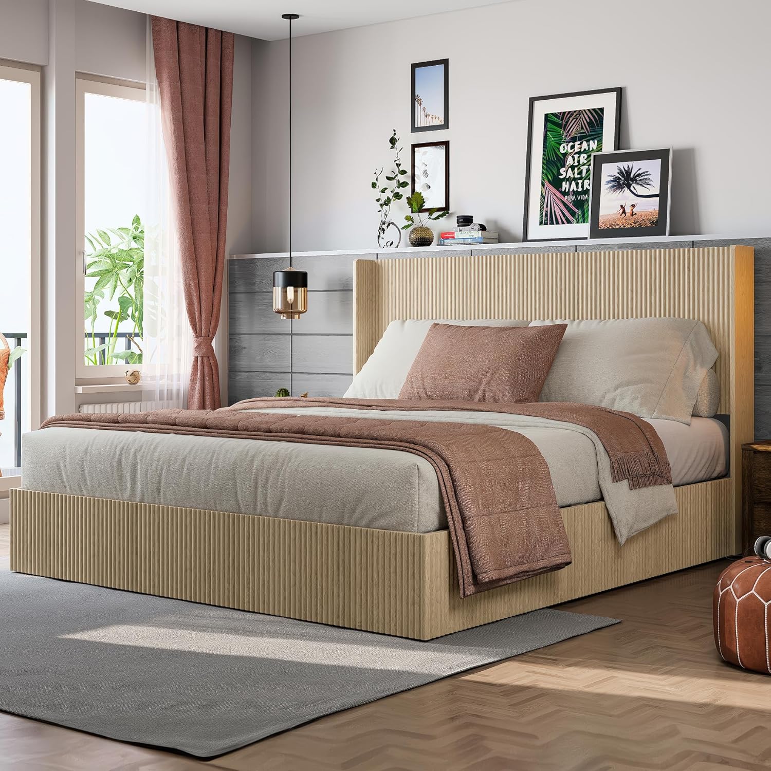 SOFTSEA King Size Platform Bed with Storage, Modern Platform Bed Frame with Wingback Headboard & Lift Up Storage, Grooved Undulating Solid Wood Bed Frame, No Box Spring Needed, Oak