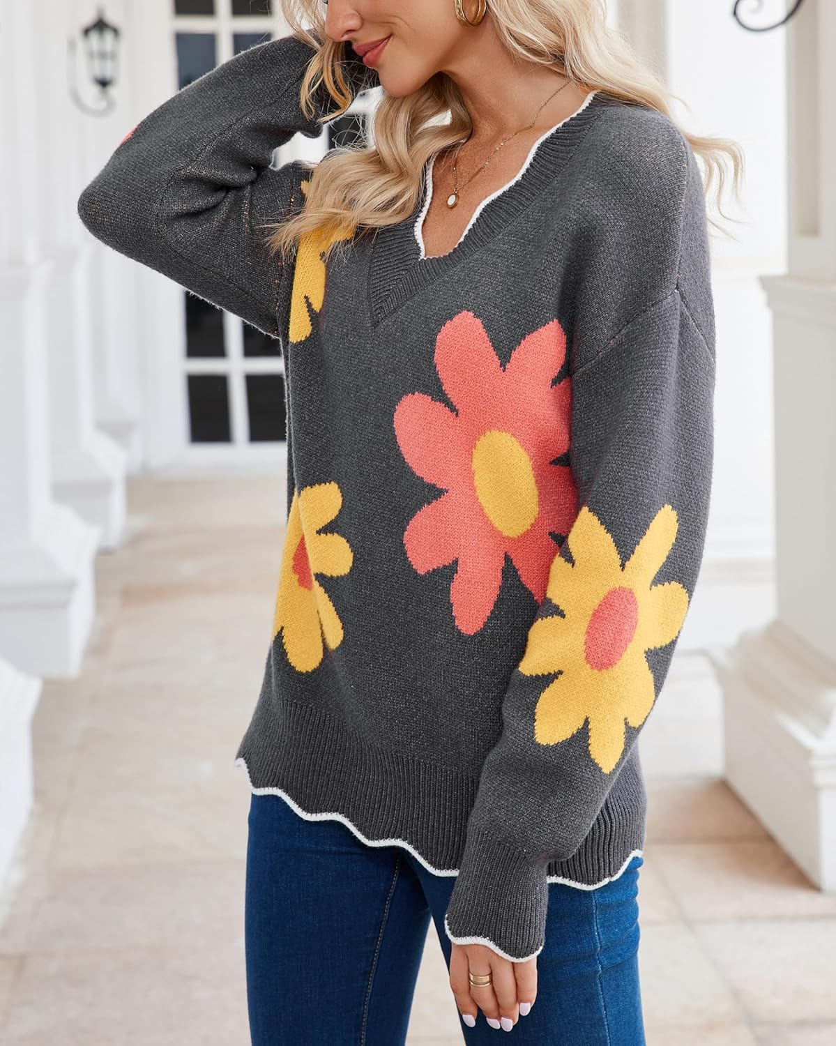 Women's Flower Sweaters Floral V Neck Casual Loose Long Sleeve Knit Colorful Pullover Jumper Tops - Image 4