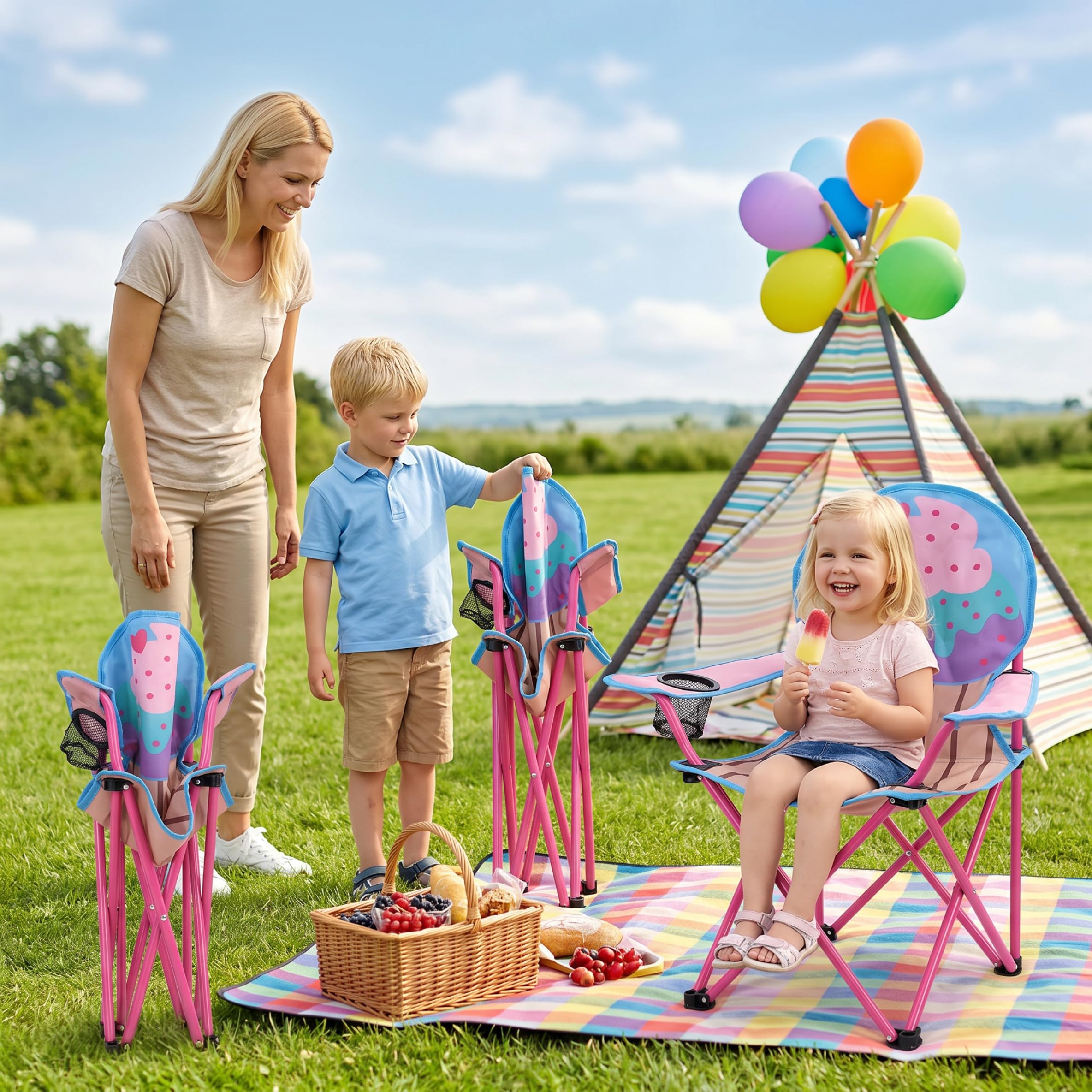 Silla de camping para niños | Silla de campamento para niños, tela Oxford 600D plegable para acampar, sillas portátiles para exteriores con patrón de helado y pastel para pequeños con portavaso