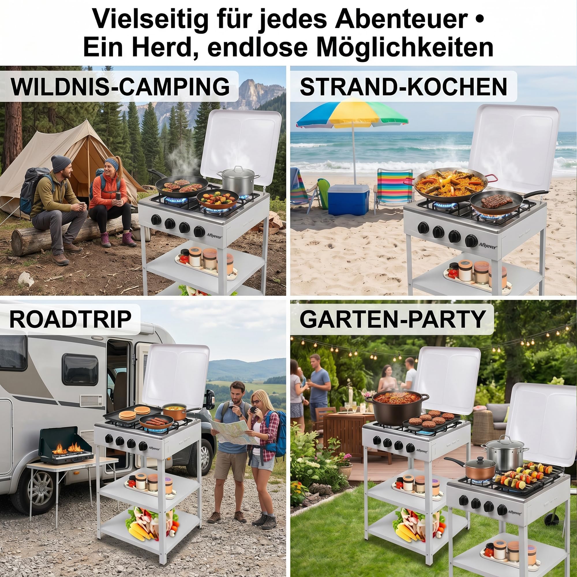 Freistehender Camping-Gasherd mit zwei oder vier Kochstellen und Ablage – ein freistehender Outdoor-Herd, geeignet für den Einsatz im Garten, auf dem Balkon und auf Campingplätzen (Schwarz)