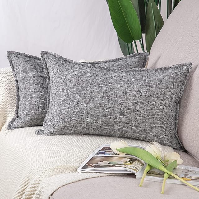 Madizz Set of 2 Linen Cushion Covers 12x20 Inch Grey Soft Decorative Throw Pillow Cases for Sofa Bedroom Pillow Shell