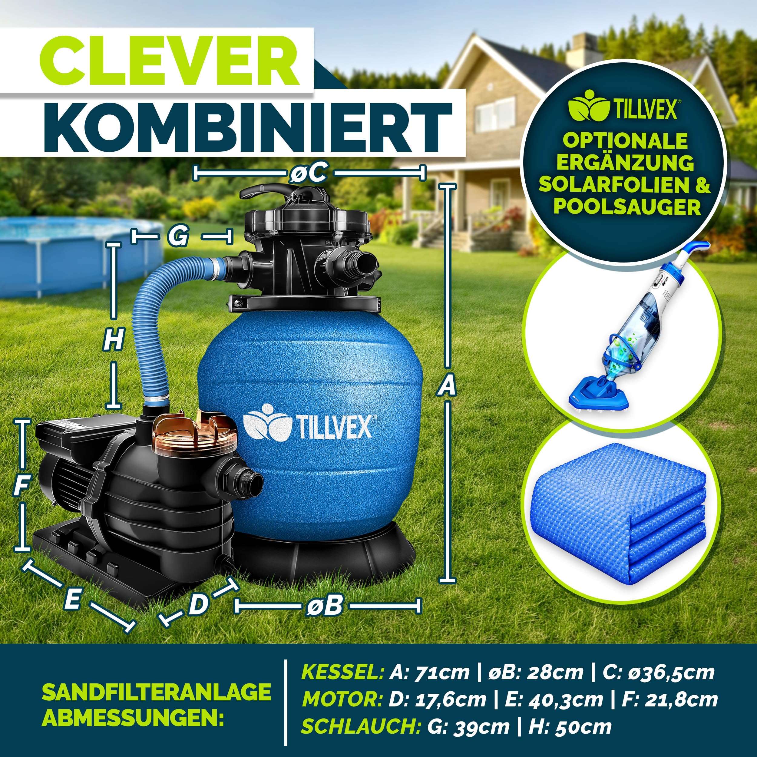 tillvex® Sandfilteranlage Pool 13.200L/h bis 40.000L + 1200g Filterbälle | Filteranlage 7-Wege Ventil & 2in1 Adapter Ø32-38mm | Poolfilter Selbstansaugend | Sandfilter Schwimmbecken (Blau)