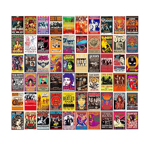 WOONKIT 60 PC Vintage Rock Band Posters, 70s 80s 90s Retro Concert Prints, Bedroom Wall Art, Album Cover Collage, 4x6 Inch (Set of 60) - Vintage Band Concert Posters - 60 SET, 4X6 INCH