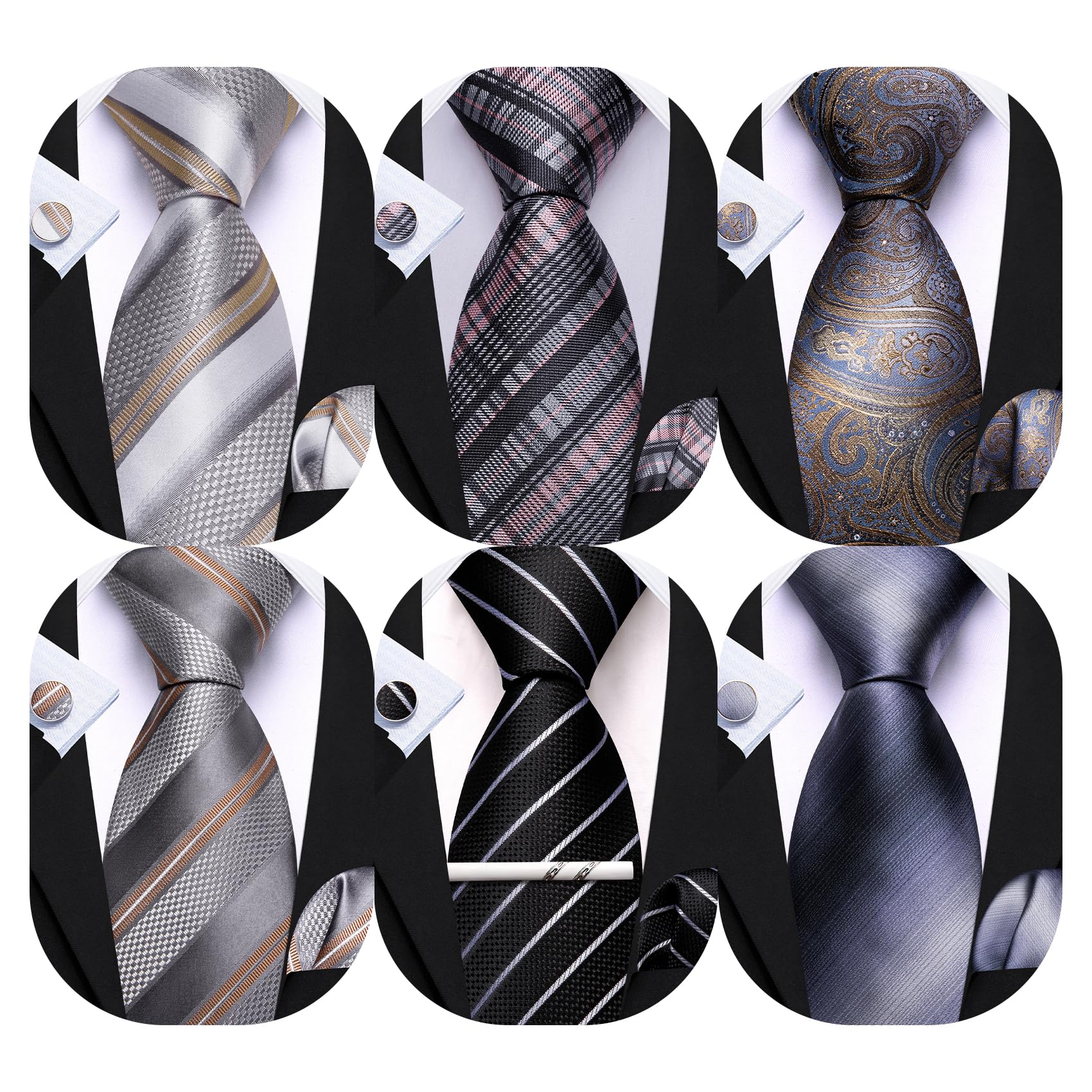 Barry.Wang Men 6PCS Tie Silk Gift Necktie Clip Woven Tie Sets Party