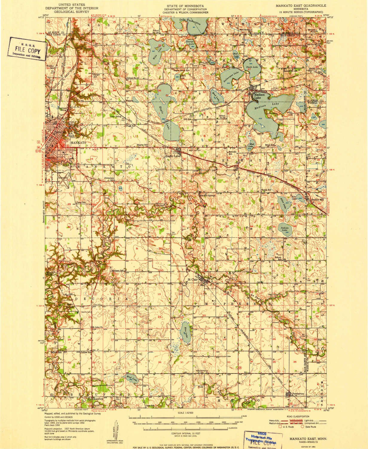 YellowMaps Mankato East MN topo map, 1:62500 Scale, 15 X 15 Minute, Historical, 1951, 20.1 x 16.5 in - Polypropylene