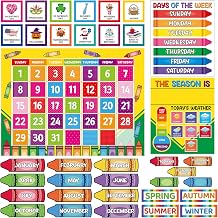 Classroom Calendar Bulletin Board Set Colorful Crayon Birthday Paper Cutouts Schedule Weather Chart Seasons Months Days of the Week Back to School Supplies Kindergarten Preschool Elementary Wall Decor