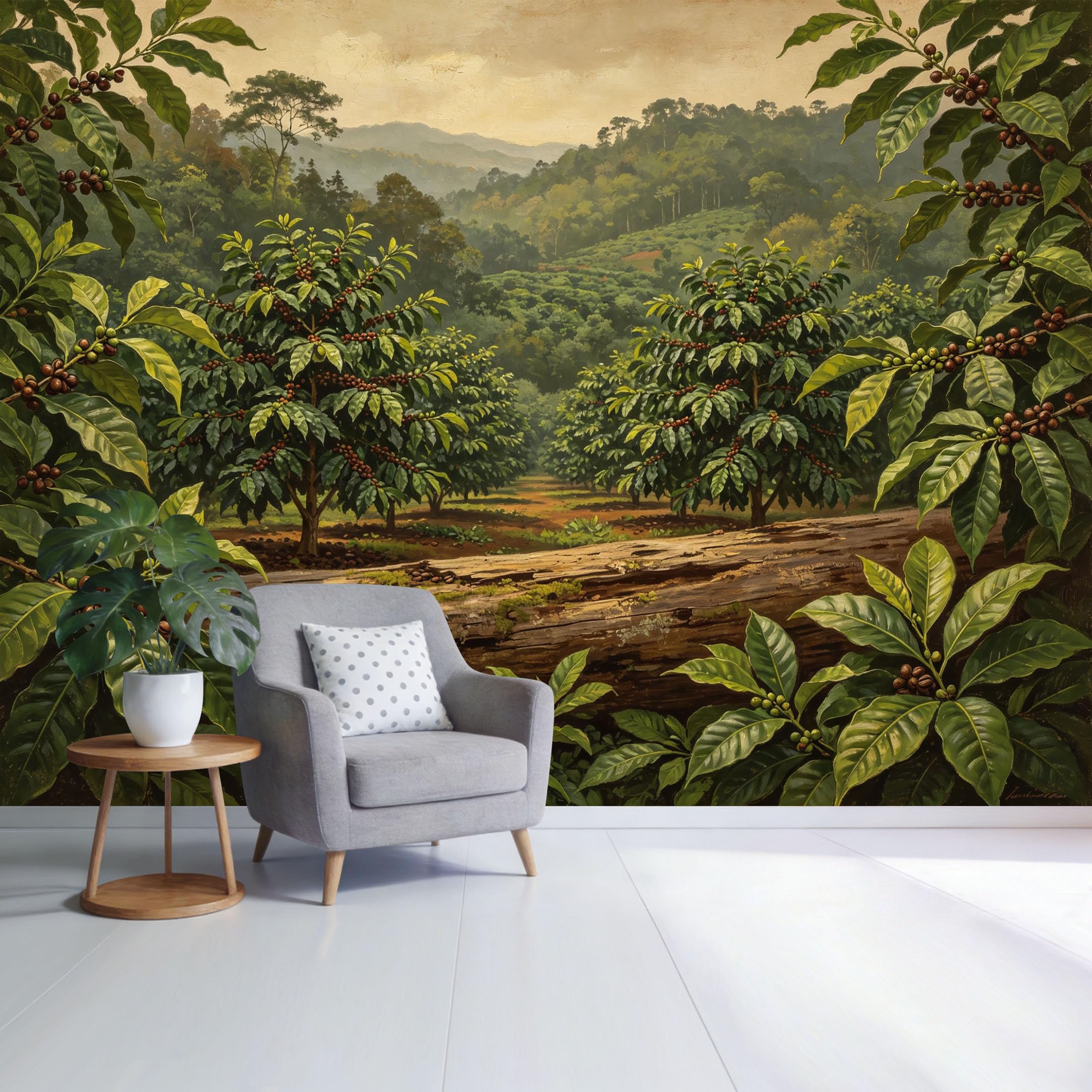 Custom Size Wall Mural Tropical Coffee Plantation Landscape Green Foliage Forest View Watercolor Style SelfAdhesive Wall Fabric Removable Wallpaper for Home Office Decor
