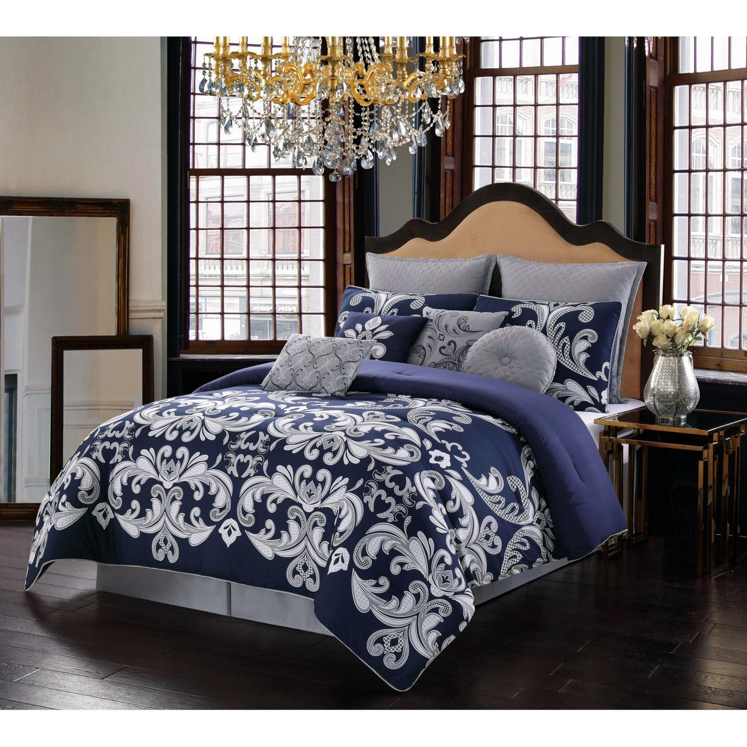 Dolce Comforter Set, King, Silver and Navy 10