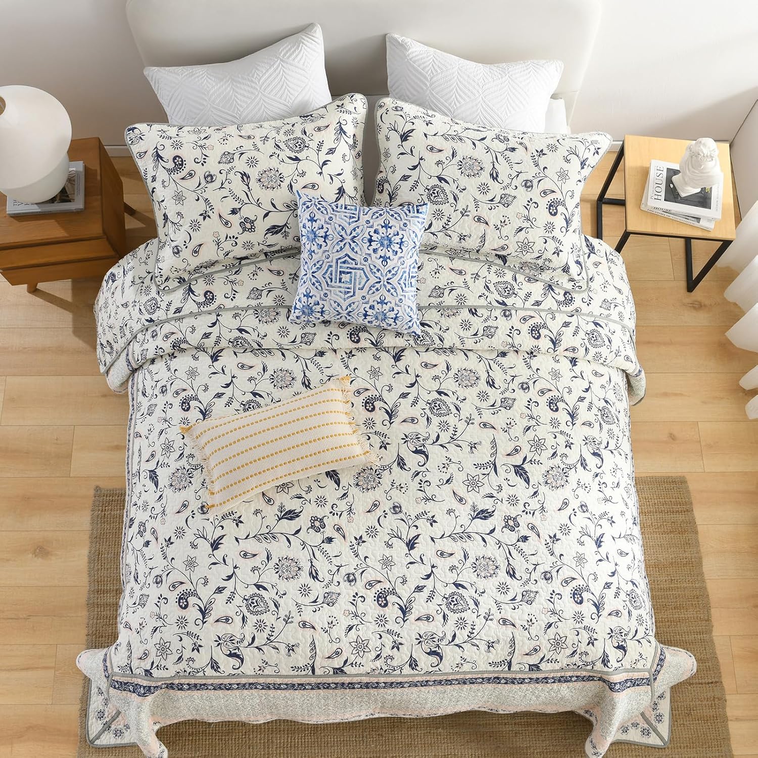 SahSahCasa 100% Cotton 120"x120" Oversized California King Bedspread Coverlet Quilt Set, Cal King Quilted Bedspread Extra Large Quilt, Floral XL Bed Spread Lightweight Comforter, 3pc, Navy