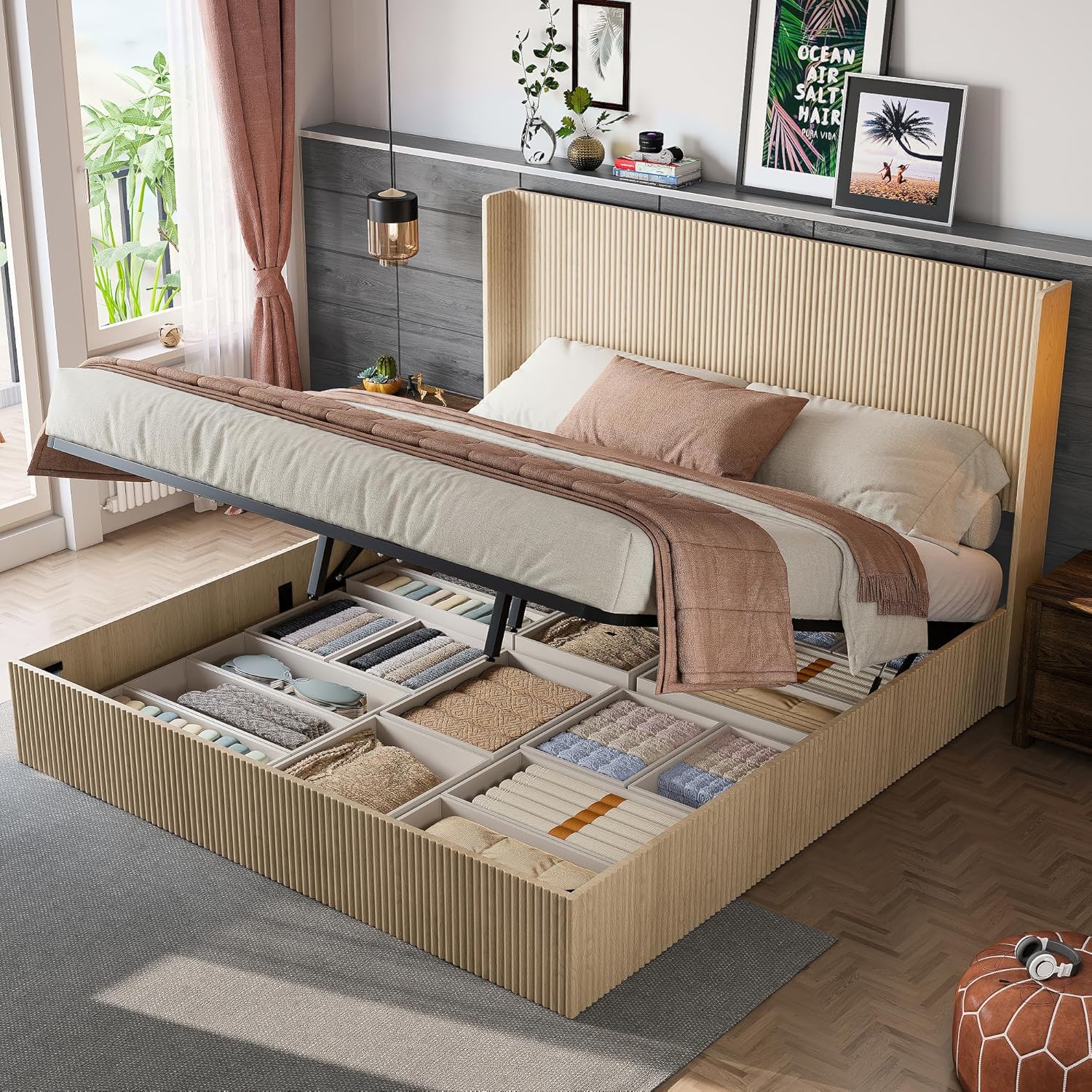 SOFTSEA King Size Platform Bed with Storage, Modern Platform Bed Frame with Wingback Headboard & Lift Up Storage, Grooved Undulating Solid Wood Bed Frame, No Box Spring Needed, Oak