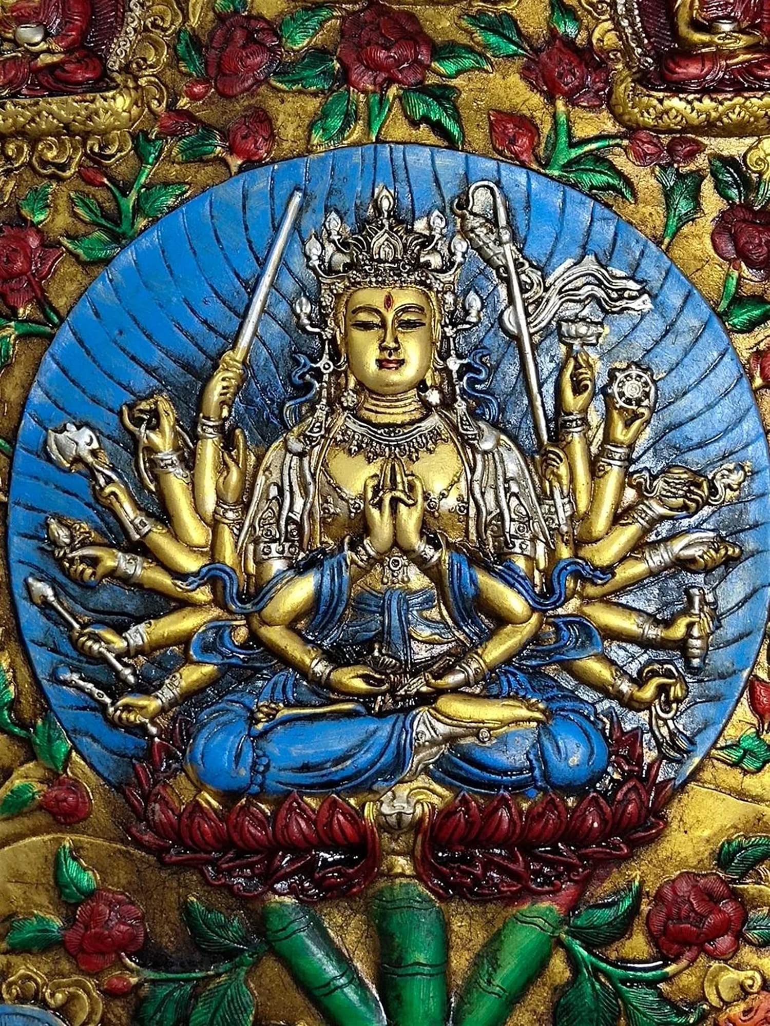 28" Tibet Buddhism Old Bronze Wooden Frame Painted Thangka Zhunti Bodhisattva Thousand Hands Guanyin Worship Amulets ThangkasStatue SurongL