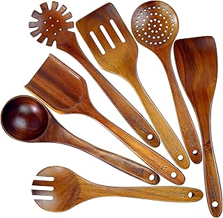 Wooden Spoons for Cooking – 7-Piece Acacia Wood Kitchen Utensil Set, Wooden Spurtles & Paddle Tools, Nonstick Safe Cooking Utensils Set Wood for Everyday Kitchen Use