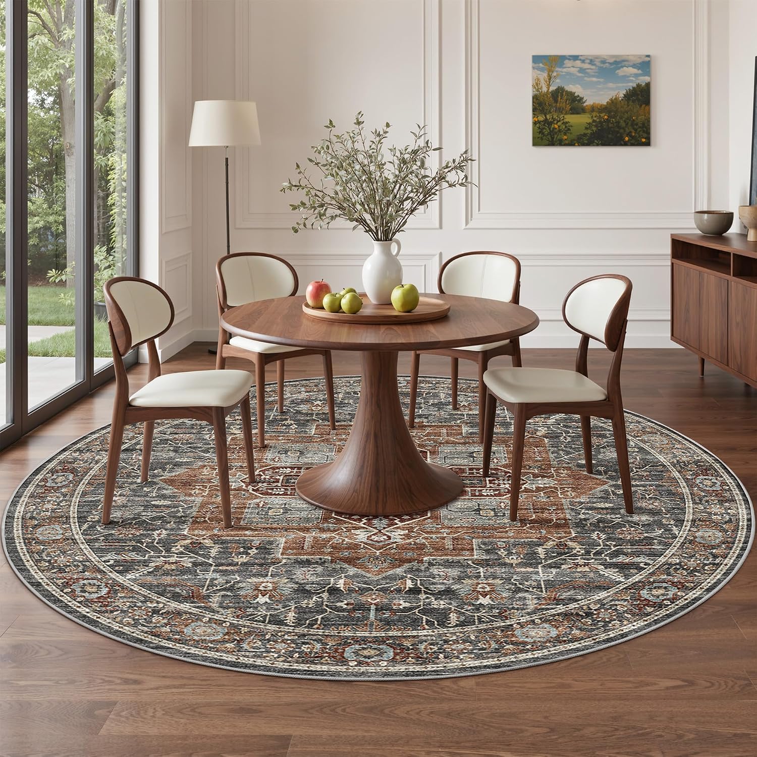 Roxstand 8ft Round Washable Area Rug, Non Slip Rug, Grey/Brown/Tan image 3