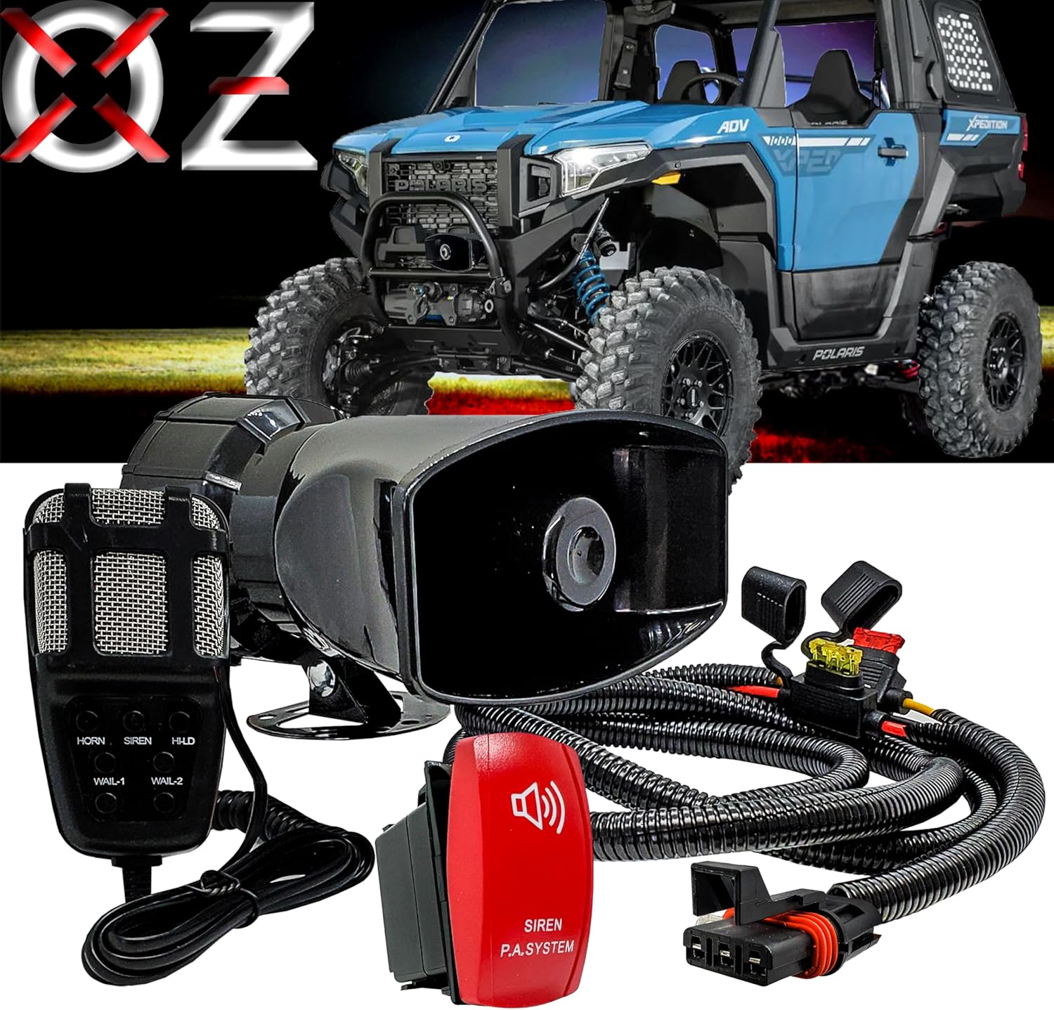 OZ-USA Siren PA Speaker Mic System Alarm Horn with Red Rocker Switch Pulse Power Busbar Plug Wire Harness Kit Compatible with Polaris RZR Turbo Pro Crew Ranger General XP Xpedition ADV 2018-2025