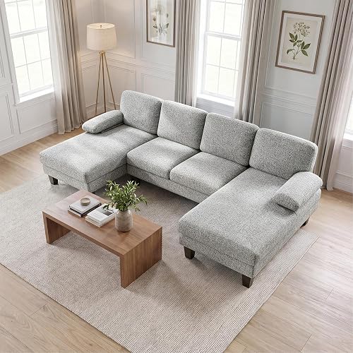JUMMICO U Shaped Couch Sectional Couches for Living Room, Fabric,Light Grey | 4 Seat Modern Sofa with Removable Pillows for Apartment and Small Space