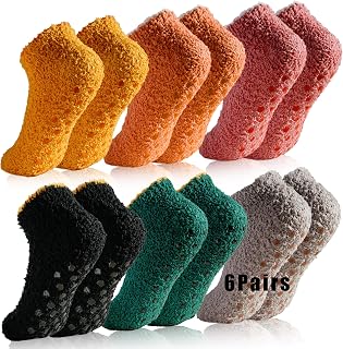 Fuzzy Socks with Grips for Women 6 Pairs Non Slip Grippy Footies Slipper Socks for House and Hospital