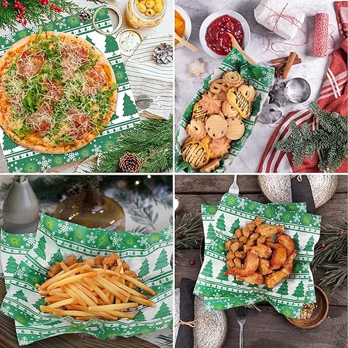 Miniatura 5 de Christmas Waxed Deli Paper Sheets for Snacks, 100 Pcs Food Basket Liners for Sandwiches Fries 12 * 12 Inch,X'Mas Burgers Wrap Wax Paper Sheets Green