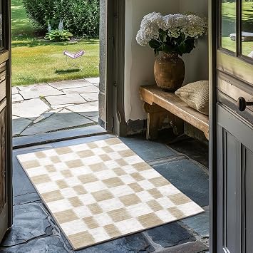 EverGrace Checkered Plaid Area Rug 2x3, Soft Fuzzy Faux Wool Rugs Washable Anti Slip Rugs Small Rug Carpet for Entryway Bedroom Living Room Hallway Kitchen Dining Room and Laundry Room, Beige