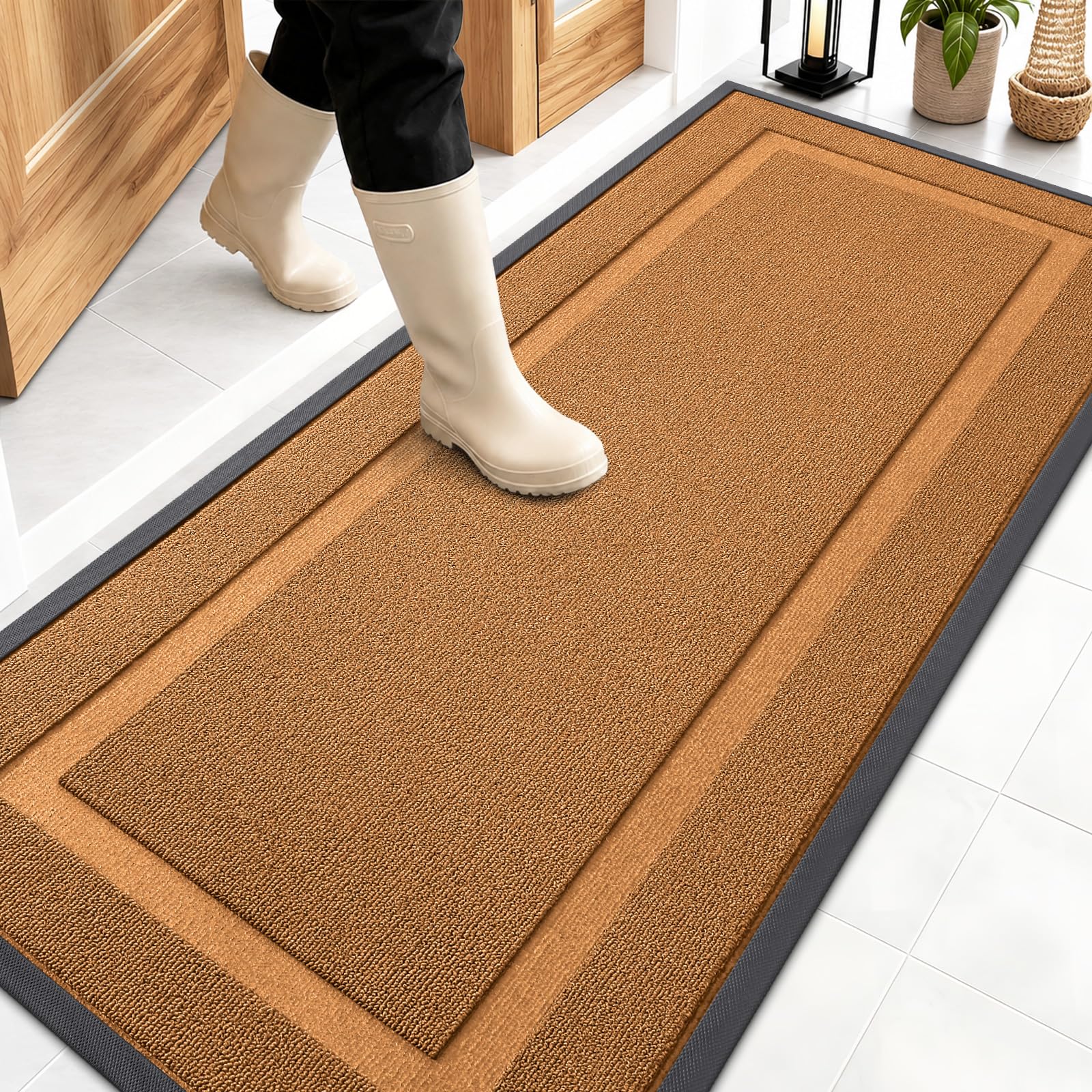 OLANLY Front Door Mat Outside 59x23, All-Season Heavy-Duty Rubber Doormat | Tangerine Orange, Absorbent, Stain and Fade Resistant, Non-Slip Backing, Low-Profile Indoor Outdoor Floor Mat for Entryway
