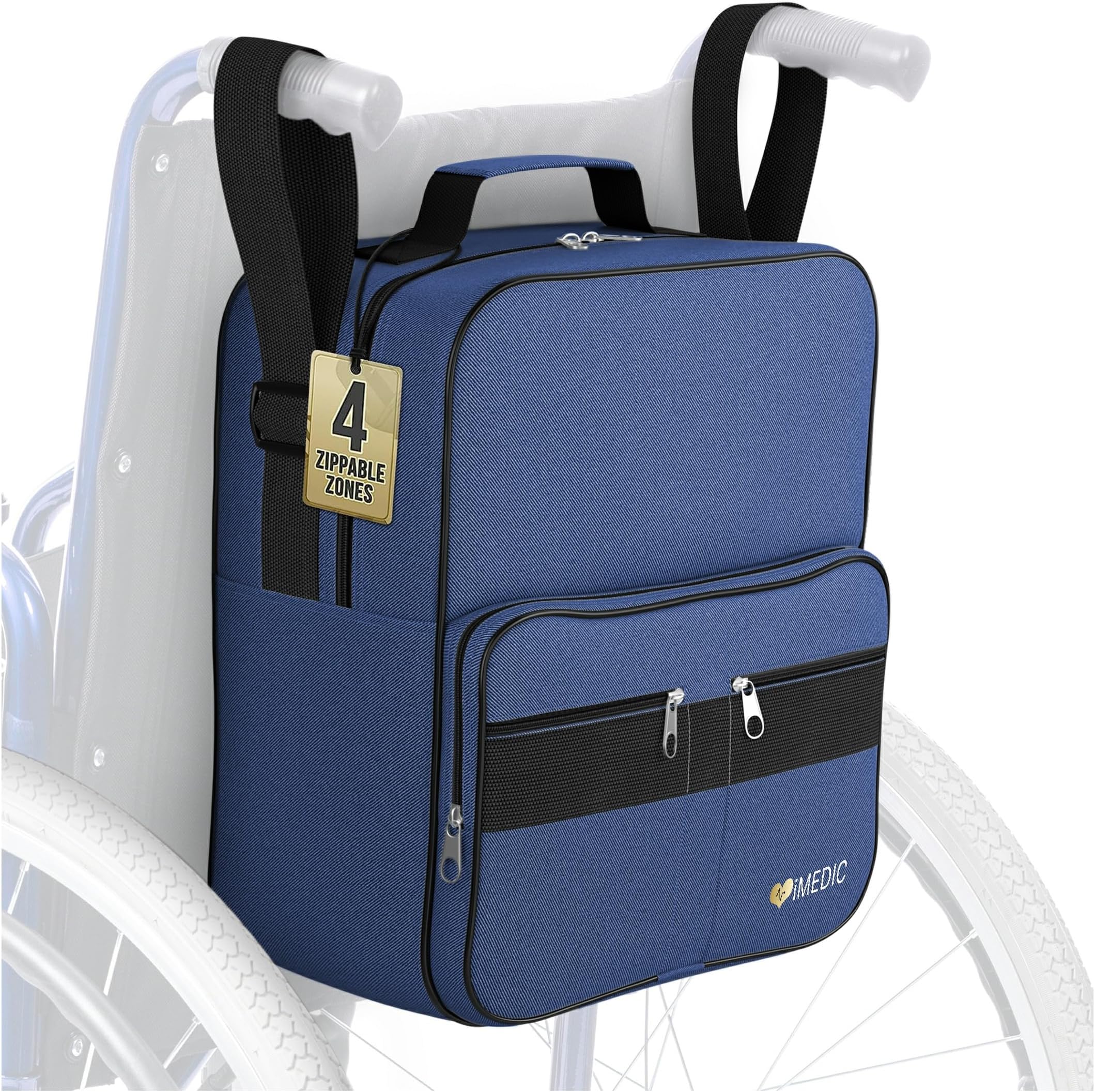 iMedic Deluxe Wheelchair Bag, Blue Wheelchair Backpack for Back of Chair with Dimensions of H37 x W33 x D18cm, Storage Bag for Electric Wheelchairs & Mobility Scooters
