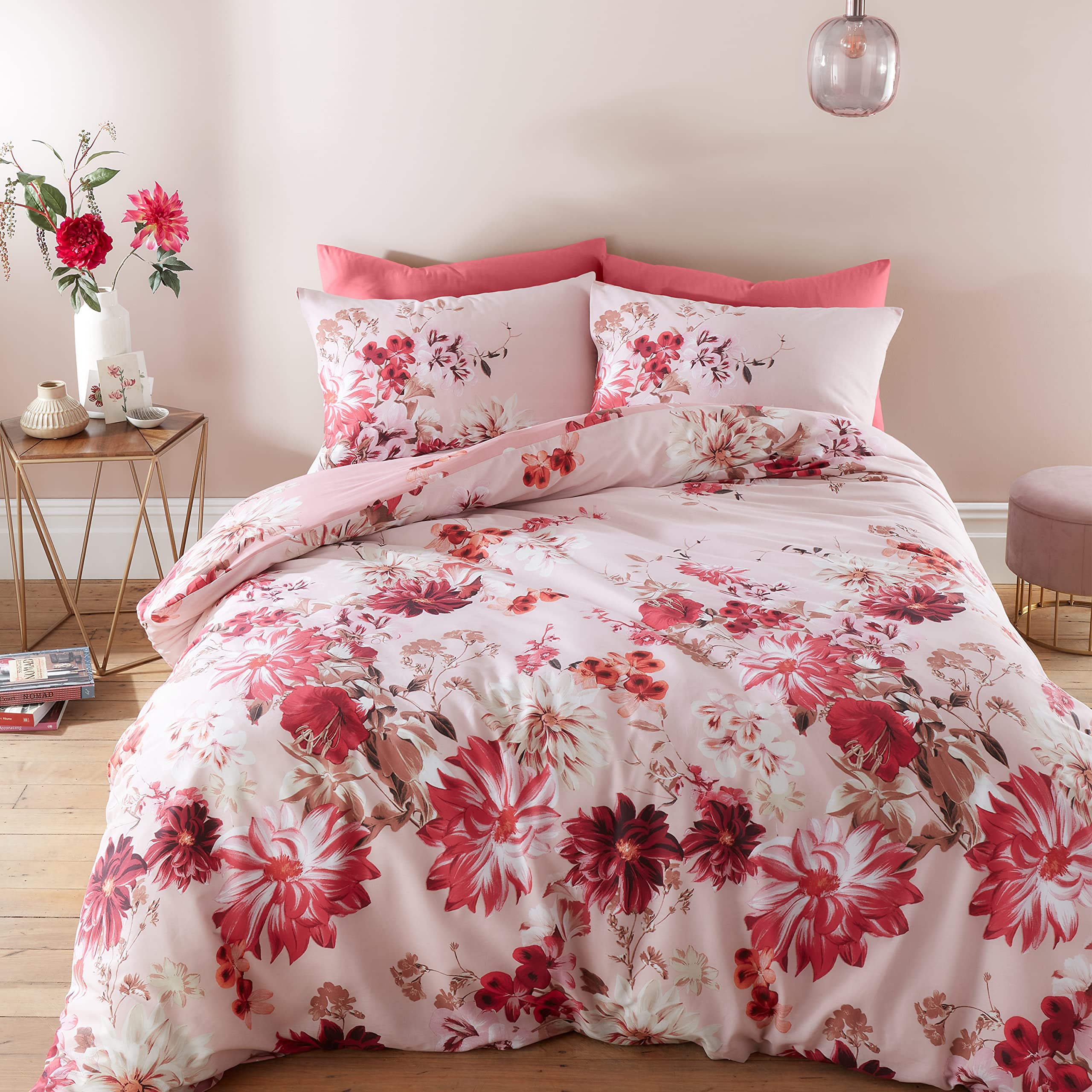 Bianca Fine Linens Bedding Briony Floral Garden Cotton Super King Duvet Cover Set with Pillowcases Pink, Duvet Set
