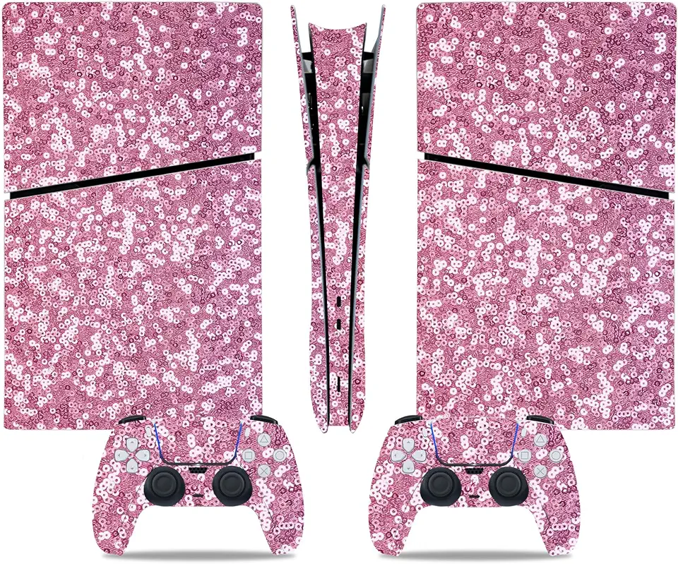 PS5 Slim Digital Skin & Controller Decal Set - Adesivos de vinil personalizados para console PlayStation 5 e controle DualSense - Capas de jogos pretas foscas, proteção total (rosa claro, PS5 Slim