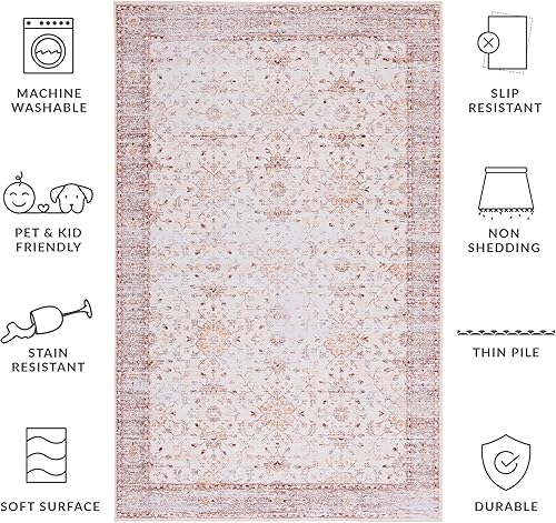 Miniatura 3 de SAFAVIEH Tucson Collection - Alfombra de área de 6 x 9 pies, diseño persa beige y dorado, no desprende pelusa, lavable a máquina y antideslizante,