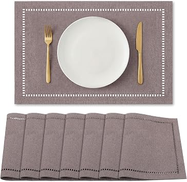 8 Pack Fabric Placemats, Machine Washable Placemats for Dining Table, 18 x 12 Inch Double-Layered Polyester Table Mats with Hollow Edge Design, Dark Brown Farmhouse Decor