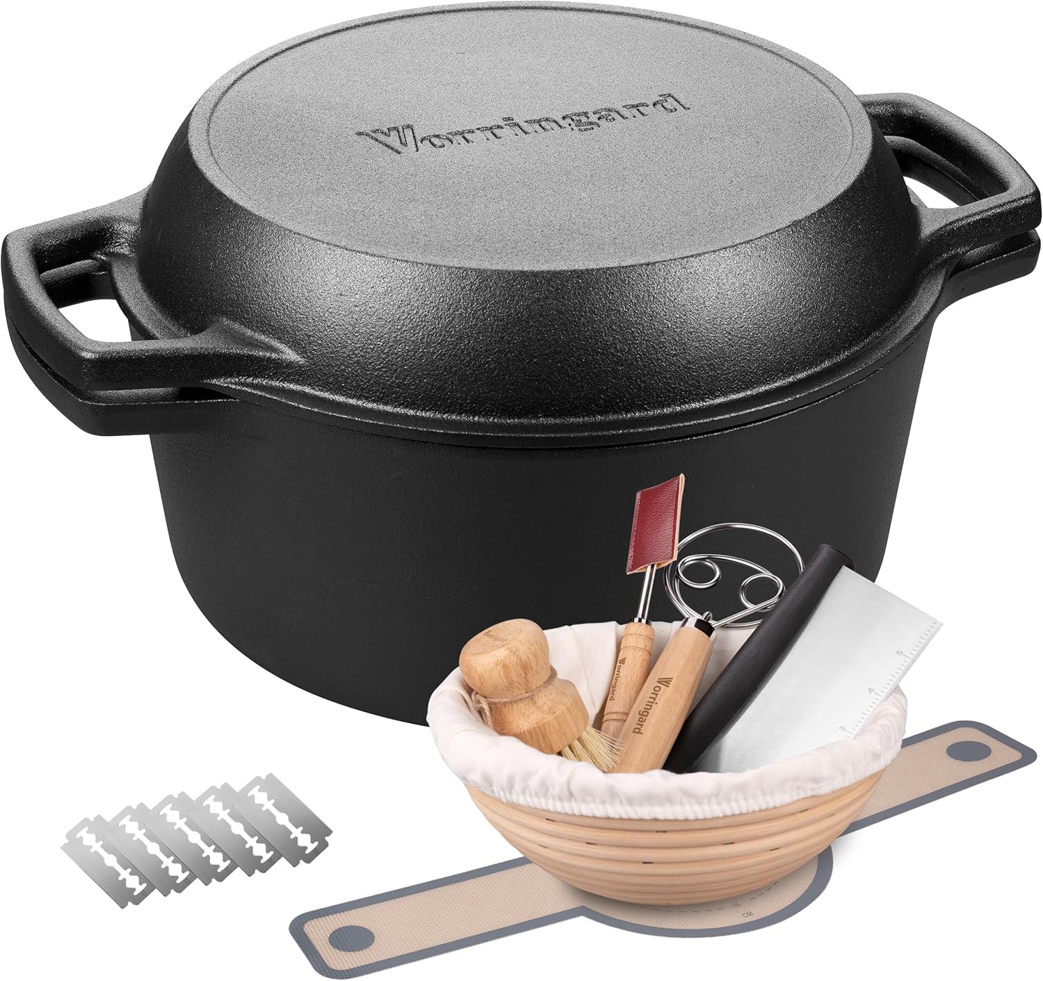 Pre-seasoned Cast Iron Double Dutch Oven Pot with Skillet Lid, Dual-handle, for Bread Baking, Outdoor, Campfire Cooking, include Sourdough Bread Baking Supplies like Banneton Bread Proofing Basket, 5 Quart