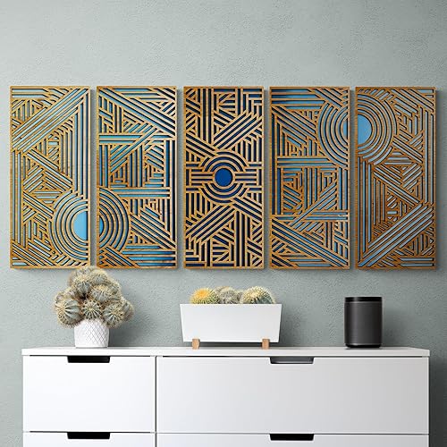 Geometric Wall Art 5 Panel Art Deco Wall Decor Layered Wood Wall Sculpture