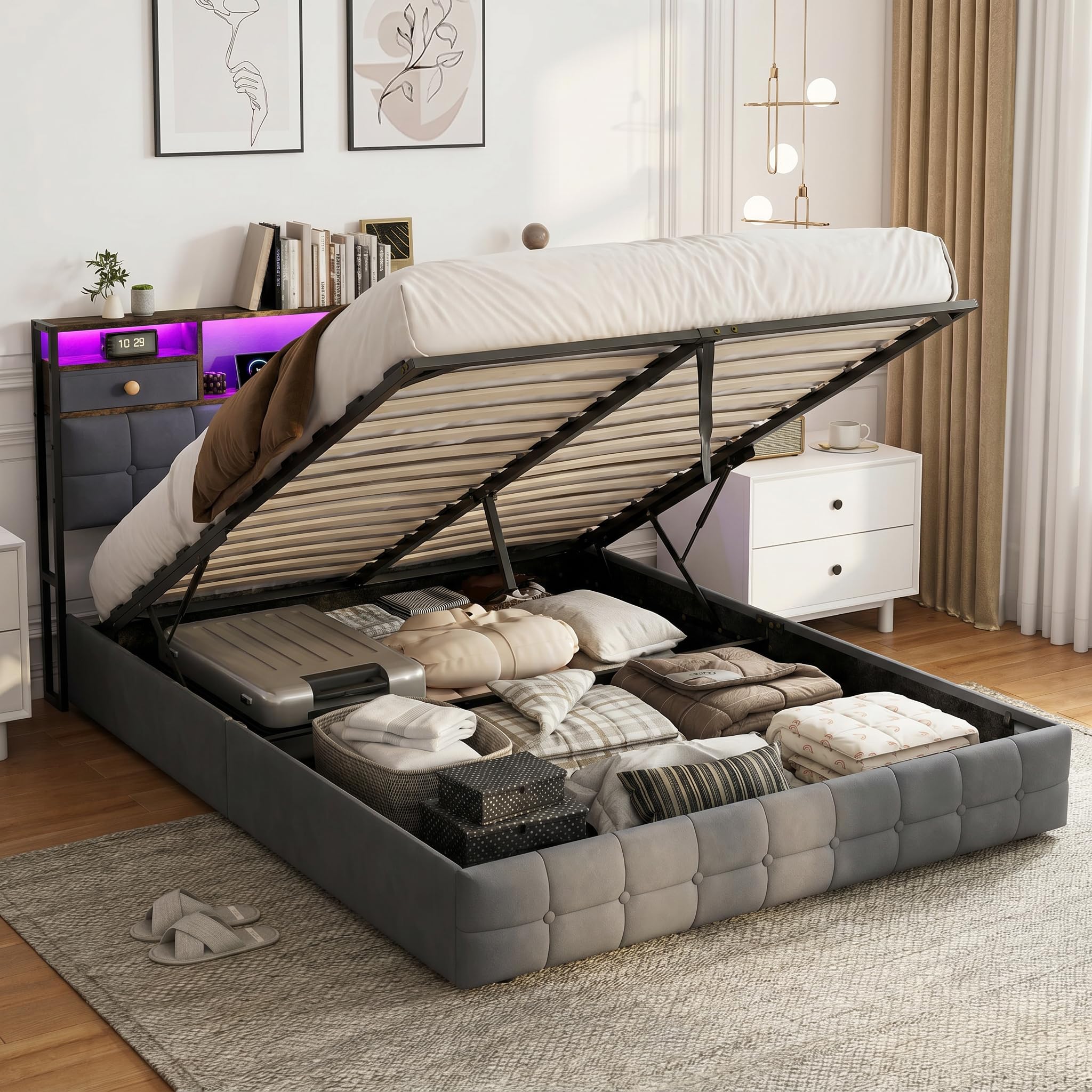 Cama maletero de 160 x 200 cm, LED/USB cama de 2 plazas, cabecera con 2 cajón, aplicable para familias, búsqueda de almacenamiento óptimo, privilegiante ambiente y espacio limitado (gris, 160 x 200 cm
