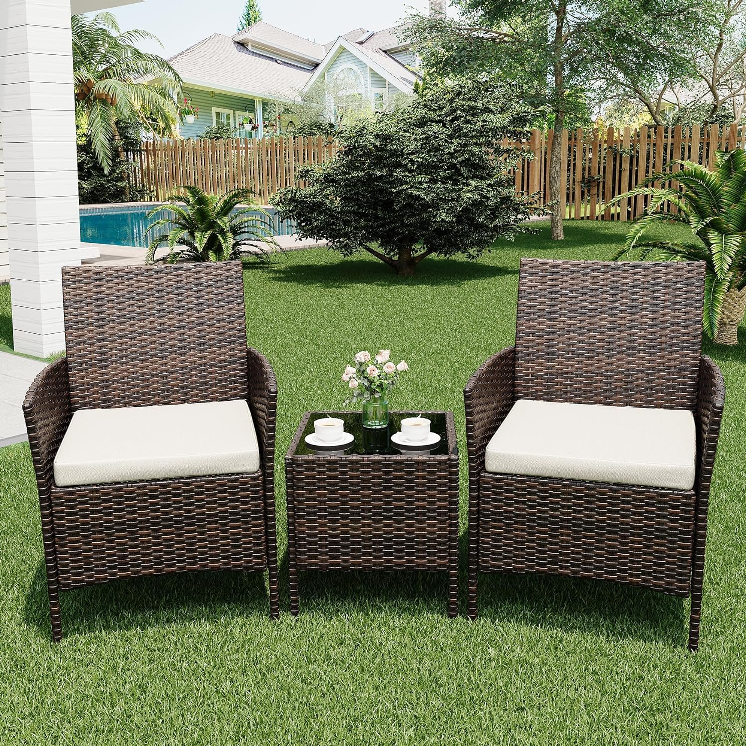 GAOMON 3 Pieces Outdoor Patio Furniture Set, PE Rattan Wicker Chairs with Soft Cushion and Glass Coffee Table, Outdoor Patio Set for Backyard Porch Poolside, Brown and Beige