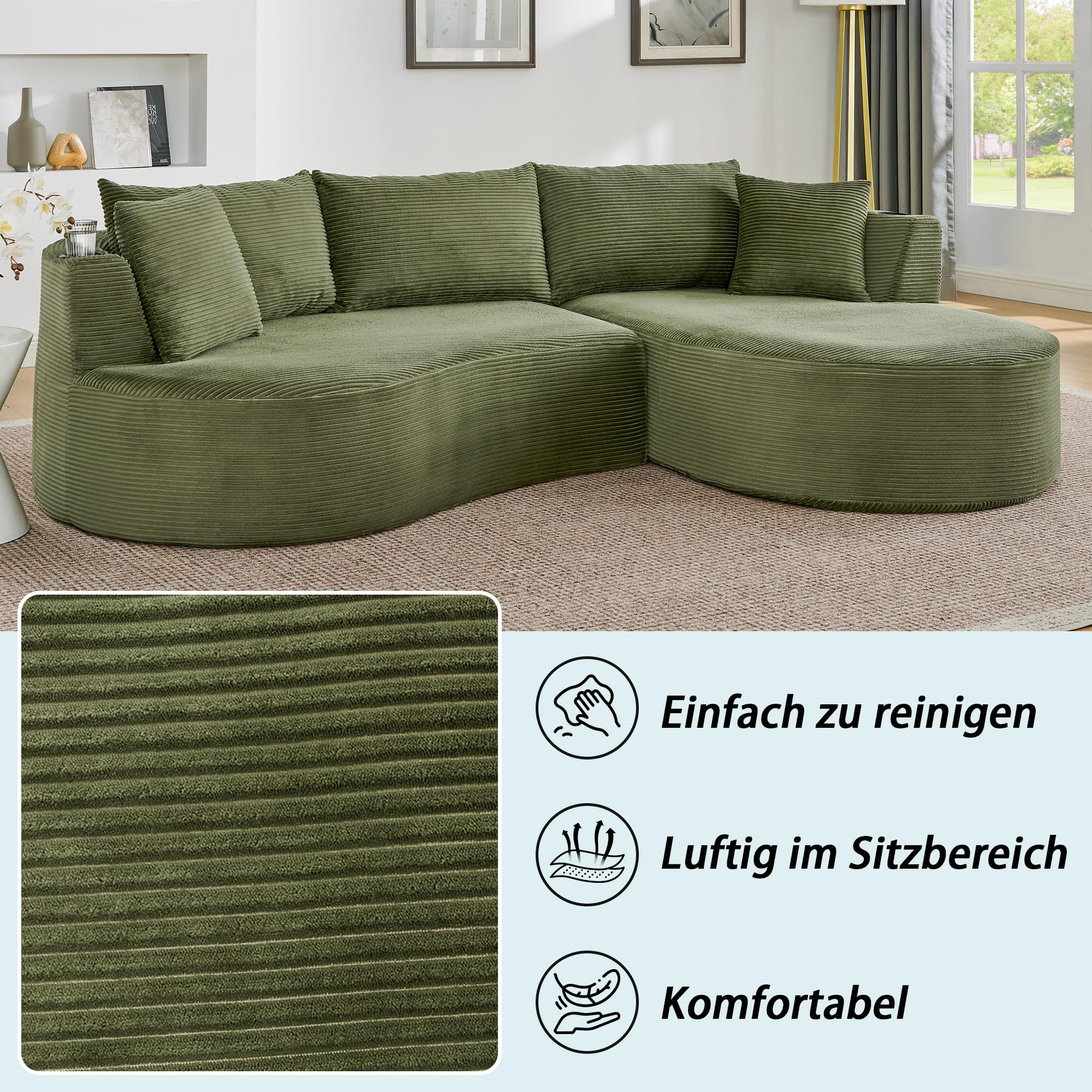 Muskel 3-Sitzer Kompressionssofa,Rechte Chaiselongue+2-Sitzer, Bogenförmiges Design, weicher Kordstoff, mit Getränkehalter und Kissen, vakuumverpackt, für Wohnzimmer, Hotel, Apartment und Büro,Green